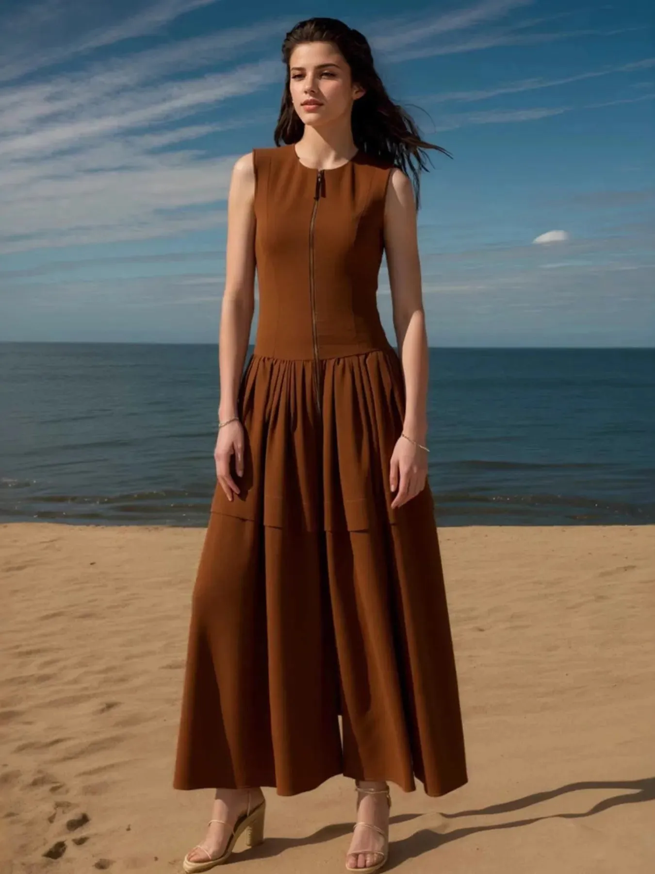 Zip Front Round Neck Sleeveless Dress sold by Charming Charlie