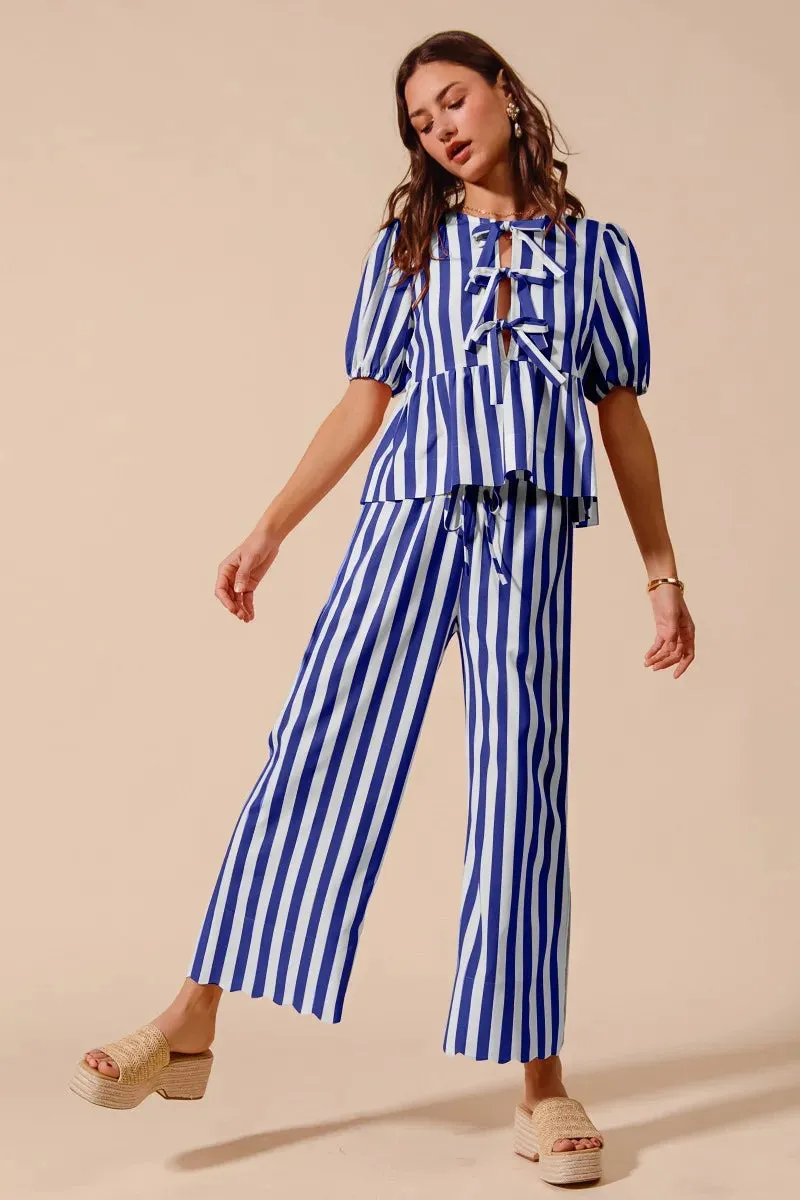 SO ME Front Tie Stripe Puff Sleeves Top and Wide Leg Pants Set sold by Charming Charlie