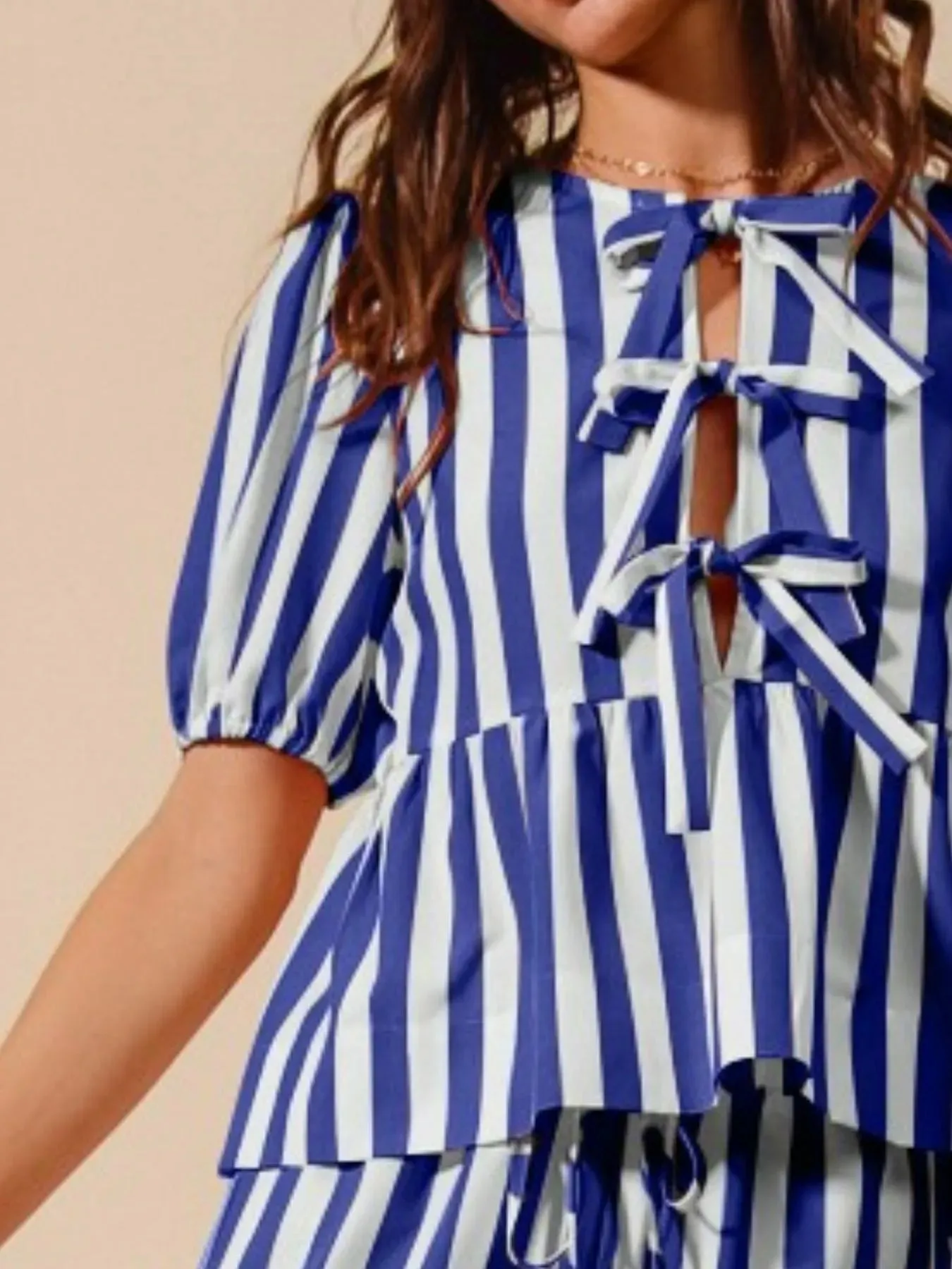 SO ME Front Tie Stripe Puff Sleeves Top and Wide Leg Pants Set sold by Charming Charlie product image thumbnail 3