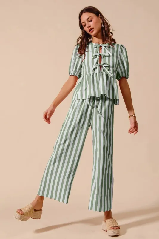 SO ME Front Tie Stripe Puff Sleeves Top and Wide Leg Pants Set sold by Charming Charlie