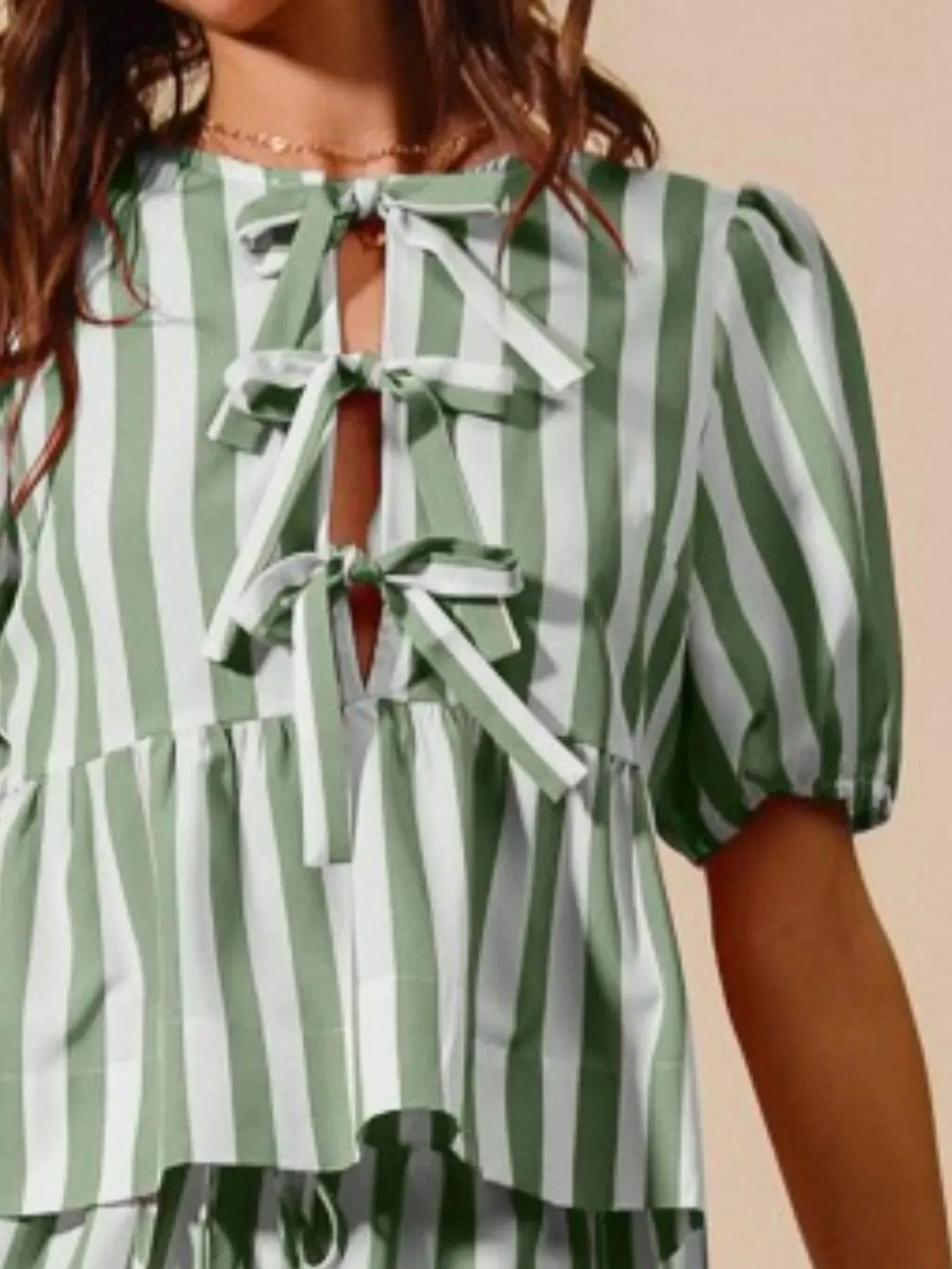 SO ME Front Tie Stripe Puff Sleeves Top and Wide Leg Pants Set sold by Charming Charlie product image thumbnail 3