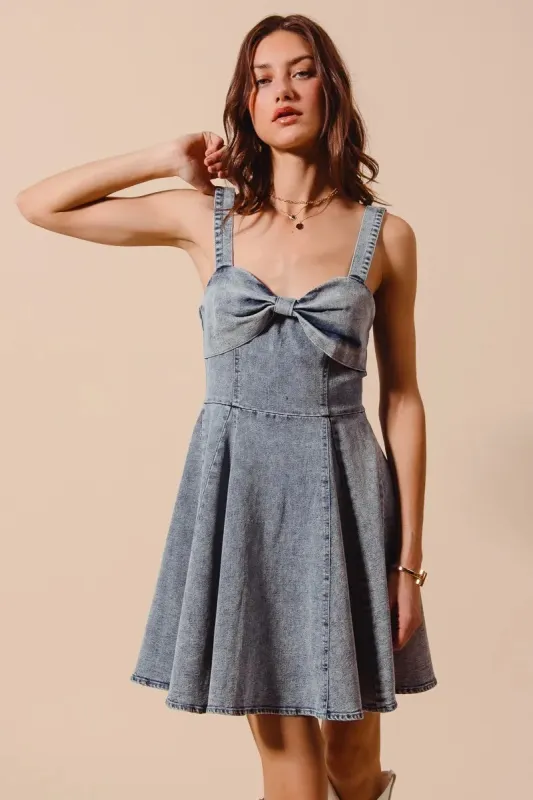 SO ME Mineral Washed Bow Ribbon Denim Flare Dress sold by Charming Charlie