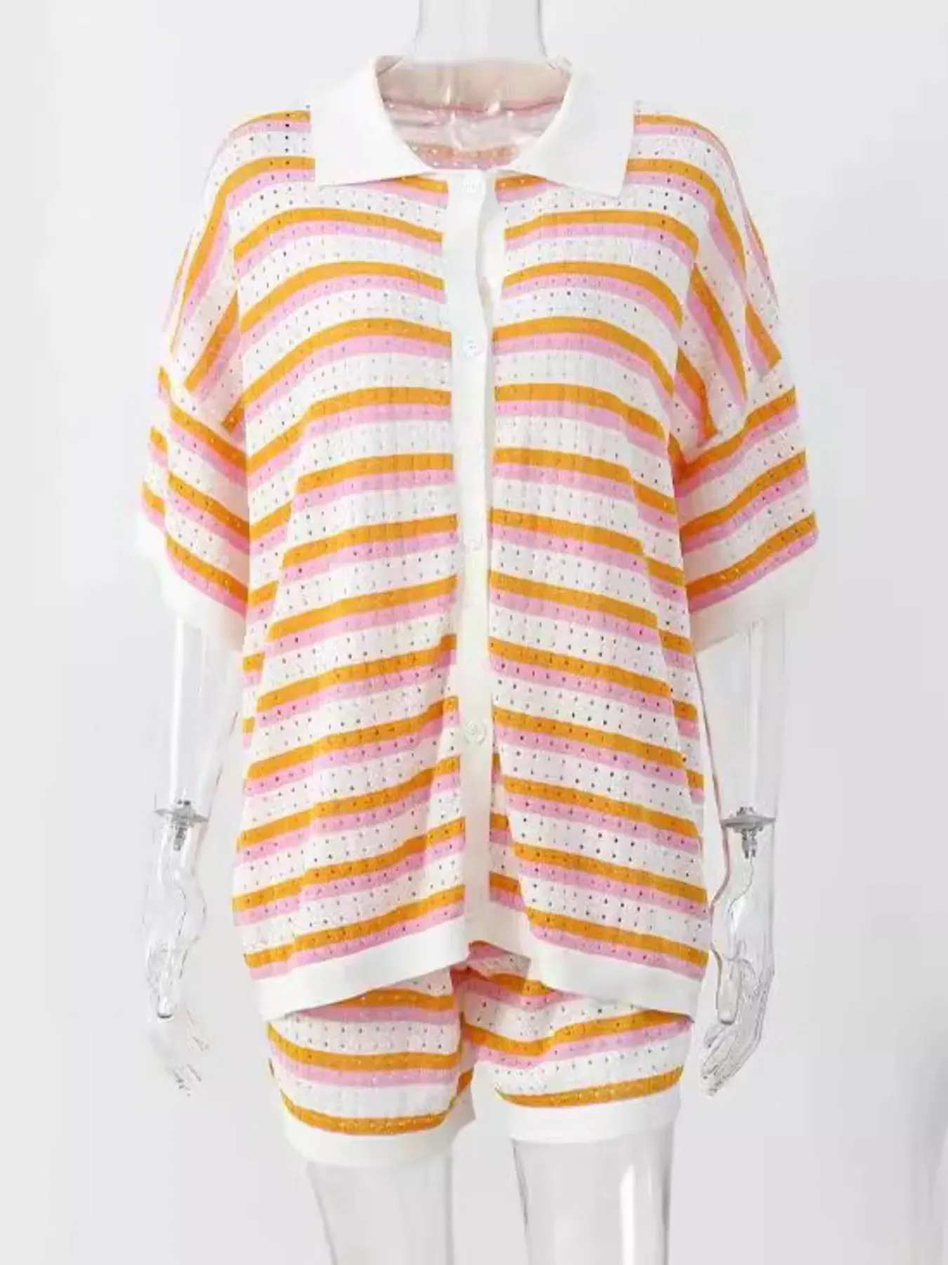 Striped Eyelet Button Up Shirt and Shorts Set sold by Charming Charlie product image thumbnail 5