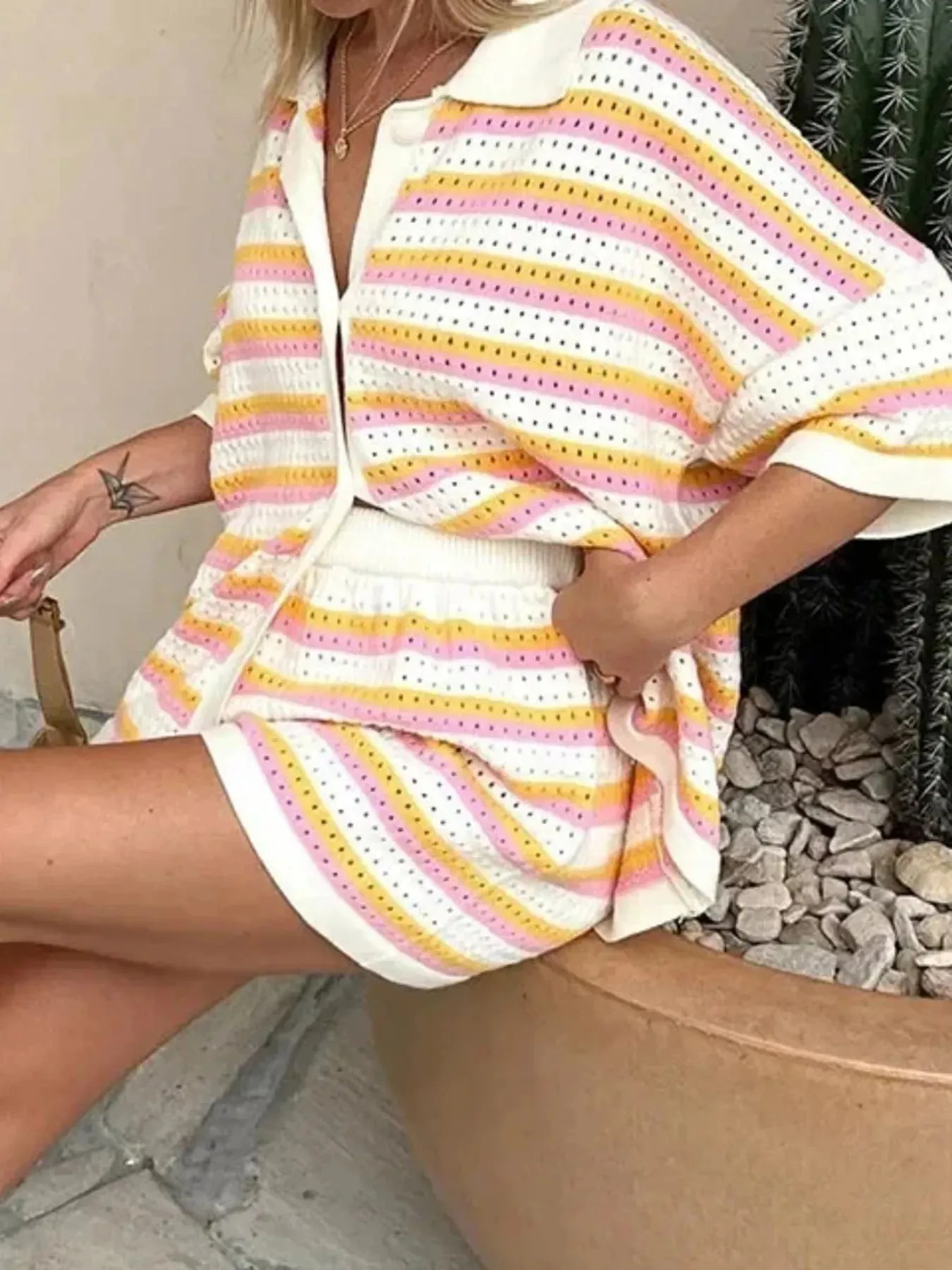 Striped Eyelet Button Up Shirt and Shorts Set sold by Charming Charlie