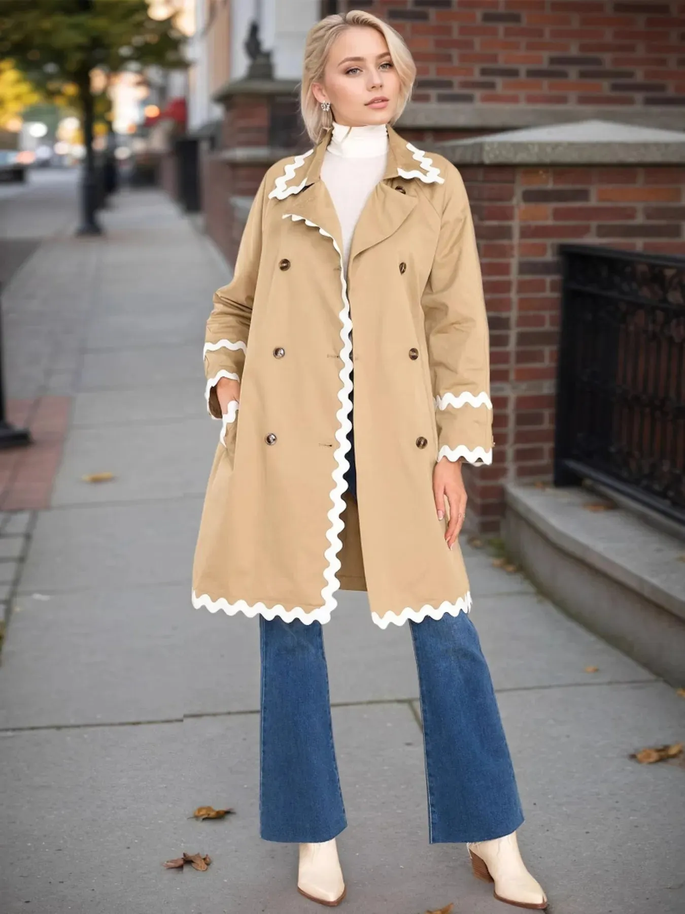 Scalloped Trim Long Sleeve Trench Coat sold by Charming Charlie product image thumbnail 3