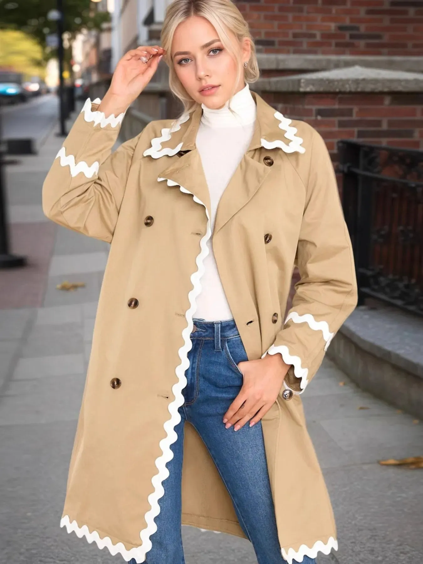 Scalloped Trim Long Sleeve Trench Coat sold by Charming Charlie