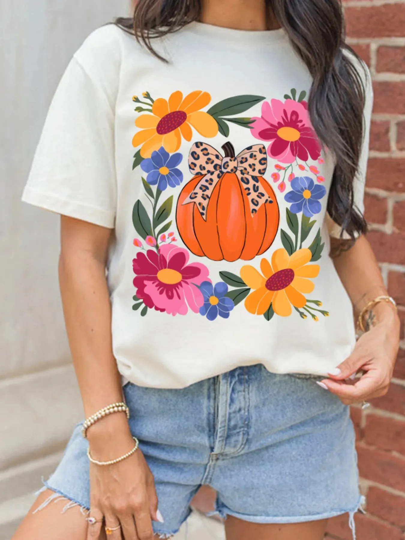 Pumpkin Floral Graphic Round Neck T-Shirt sold by Charming Charlie