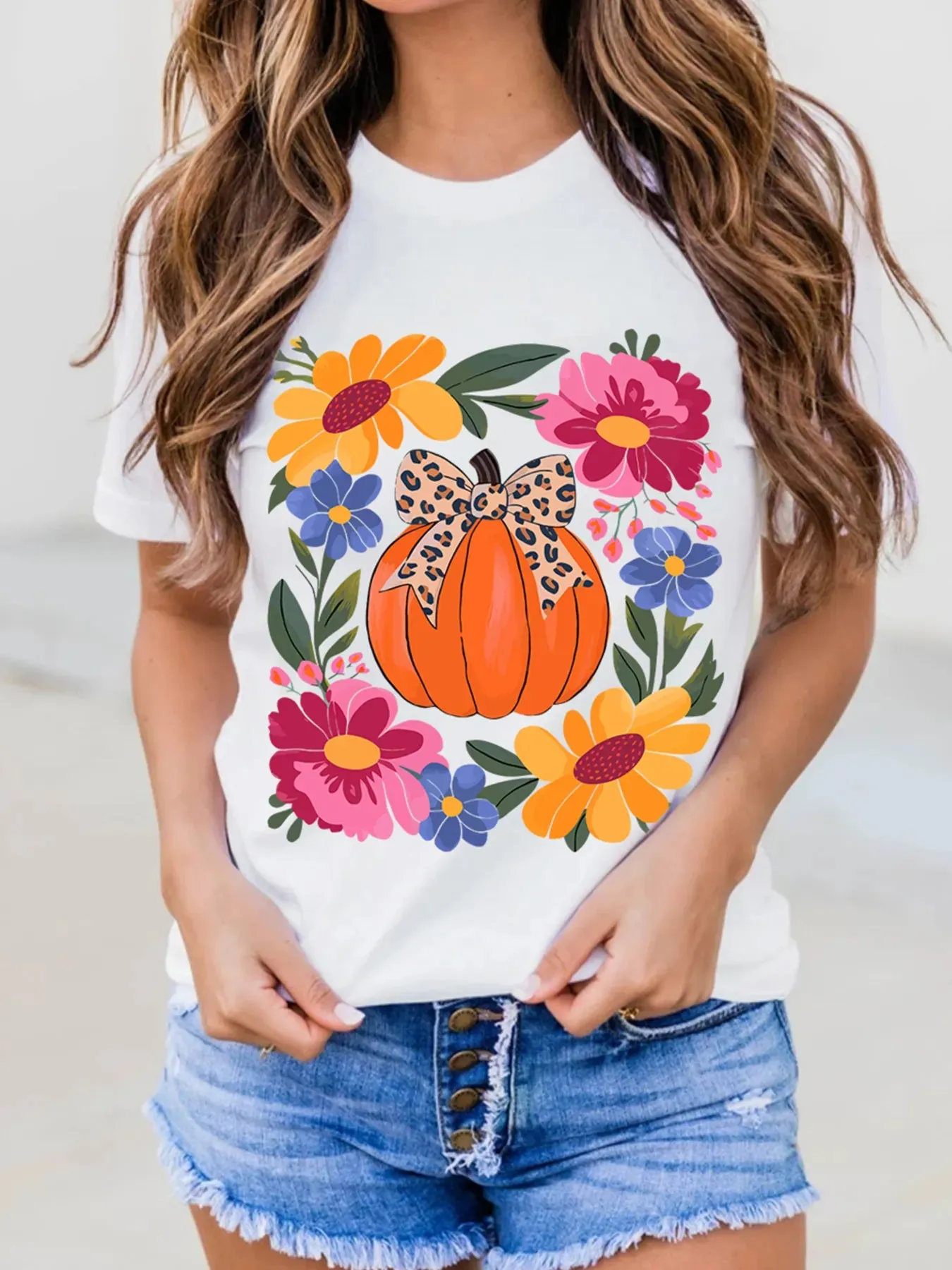 Pumpkin Floral Graphic Round Neck T-Shirt sold by Charming Charlie product image thumbnail 2