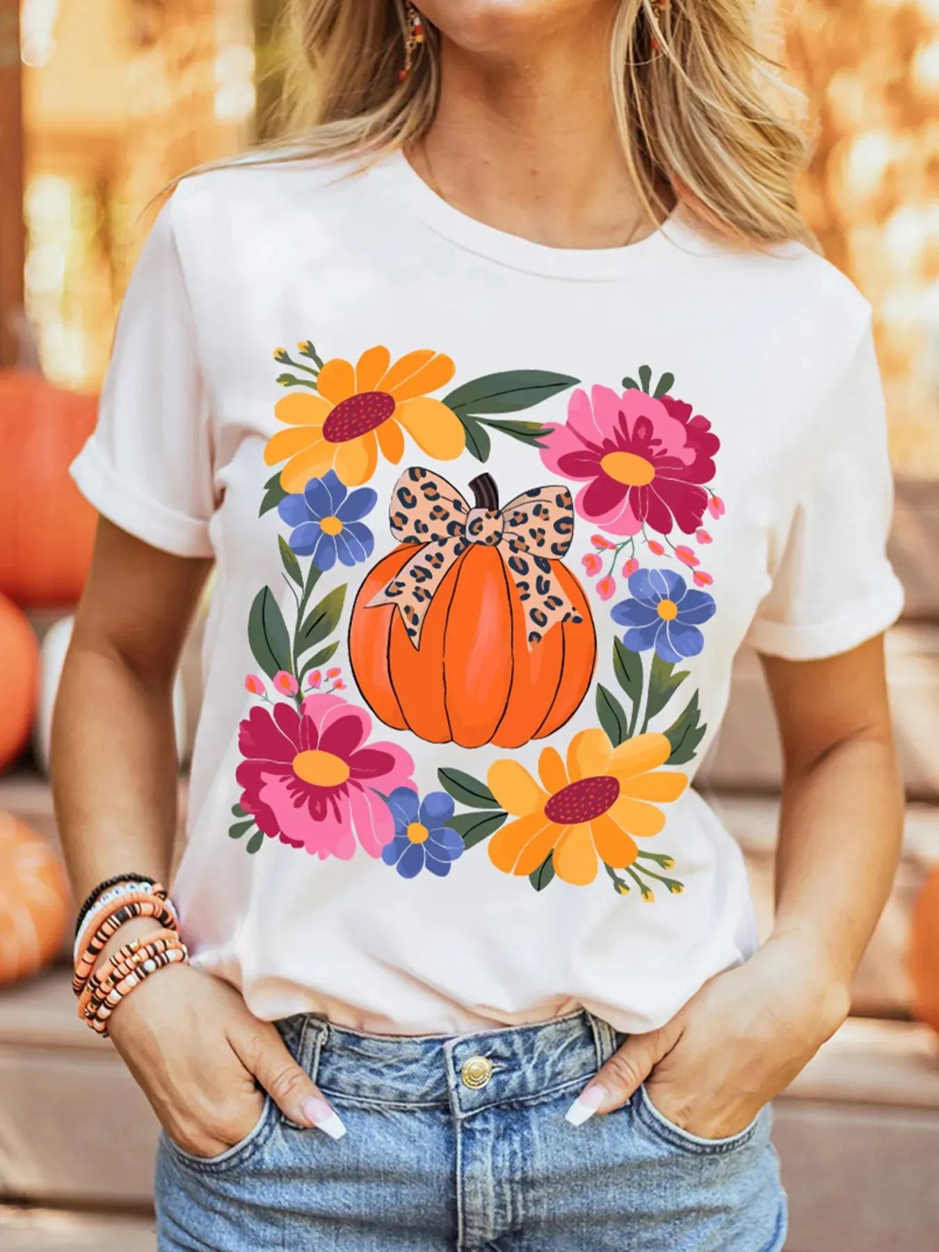 Pumpkin Floral Graphic Round Neck T-Shirt sold by Charming Charlie product image thumbnail 4