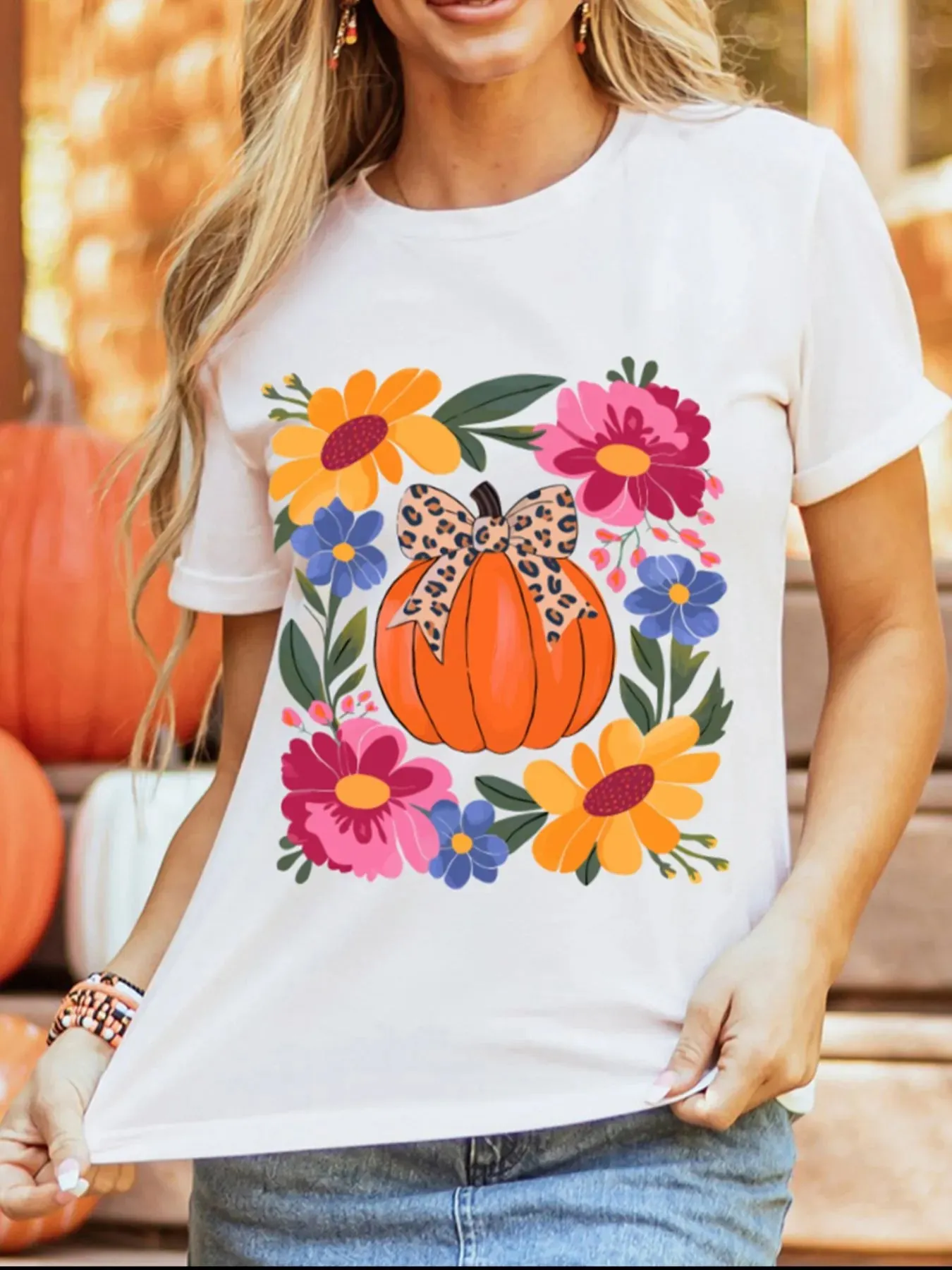 Pumpkin Floral Graphic Round Neck T-Shirt sold by Charming Charlie product image thumbnail 5