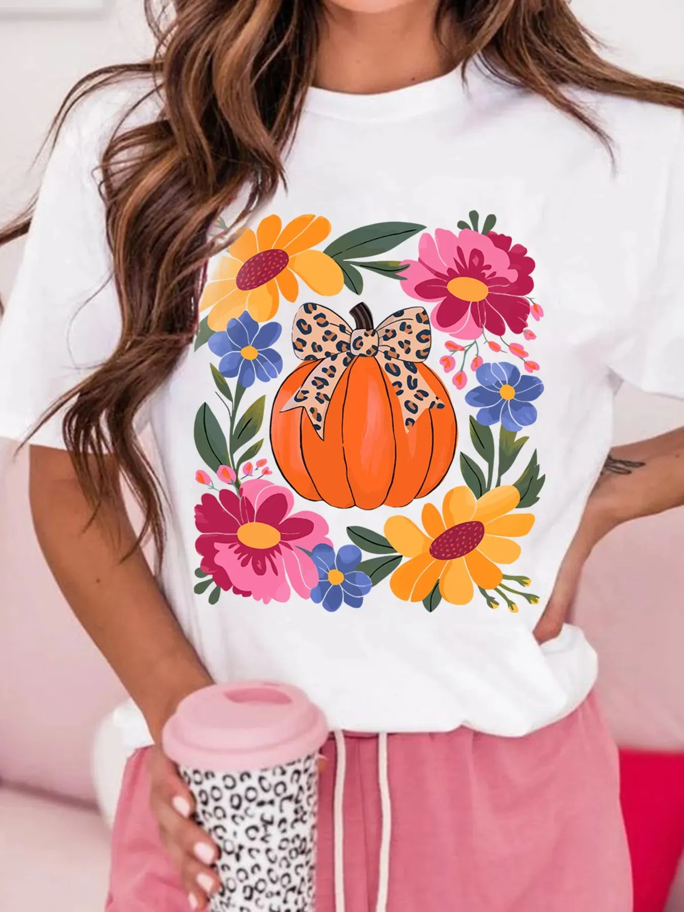 Pumpkin Floral Graphic Round Neck T-Shirt sold by Charming Charlie product image thumbnail 3