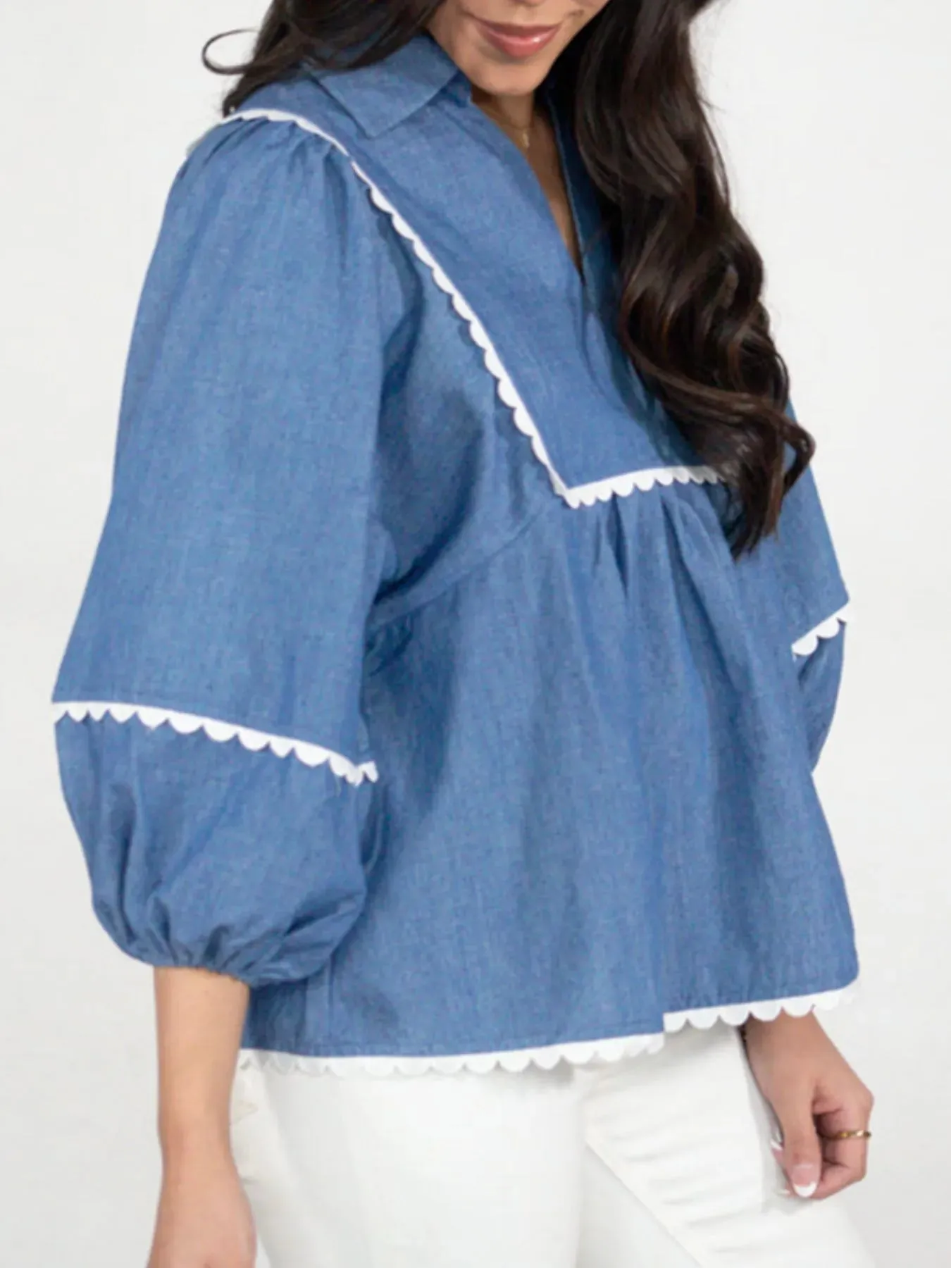Collared Neck Contrast Trim Balloon Sleeve Blouse sold by Charming Charlie product image thumbnail 4