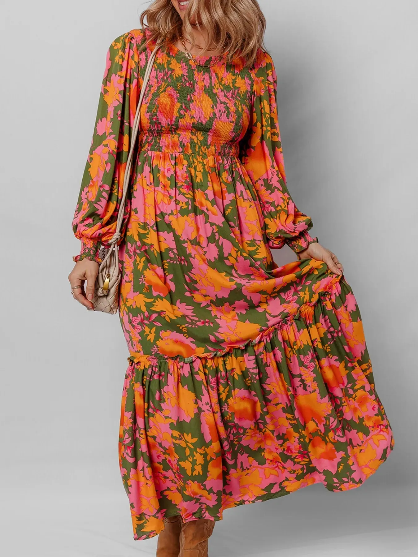 Smocked Floral Print Long Sleeve Maxi Dress sold by Charming Charlie product image thumbnail 4