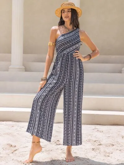 Printed Single Shoulder Sleeveless Jumpsuit sold by Charming Charlie