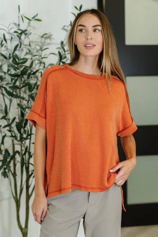 Catch Me Loungin’ Cable Ribbed Knit Top in Burnt Orange sold by Charming Charlie