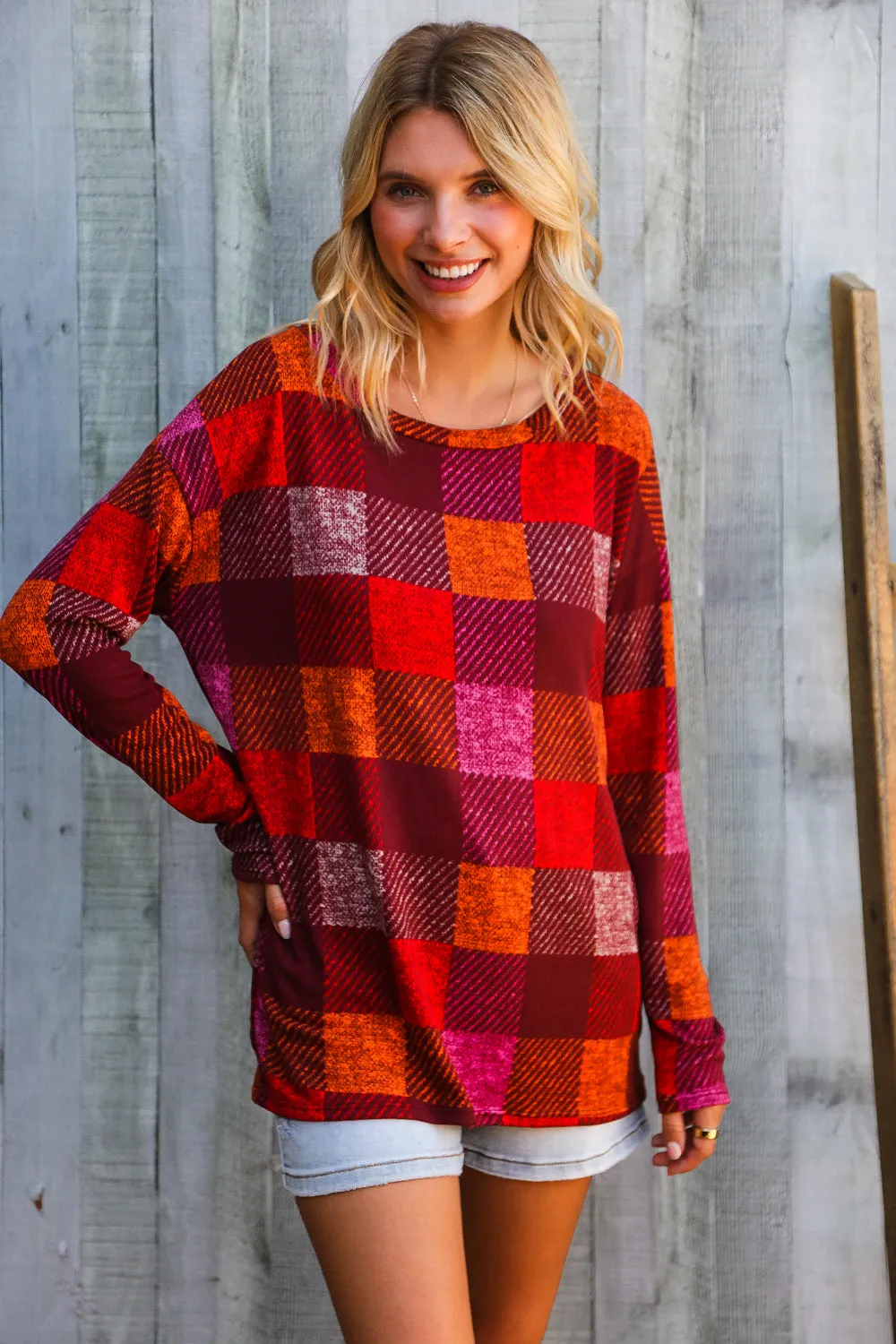 Autumn Embers Checker Plaid Long Sleeve Top sold by Charming Charlie product image thumbnail 3