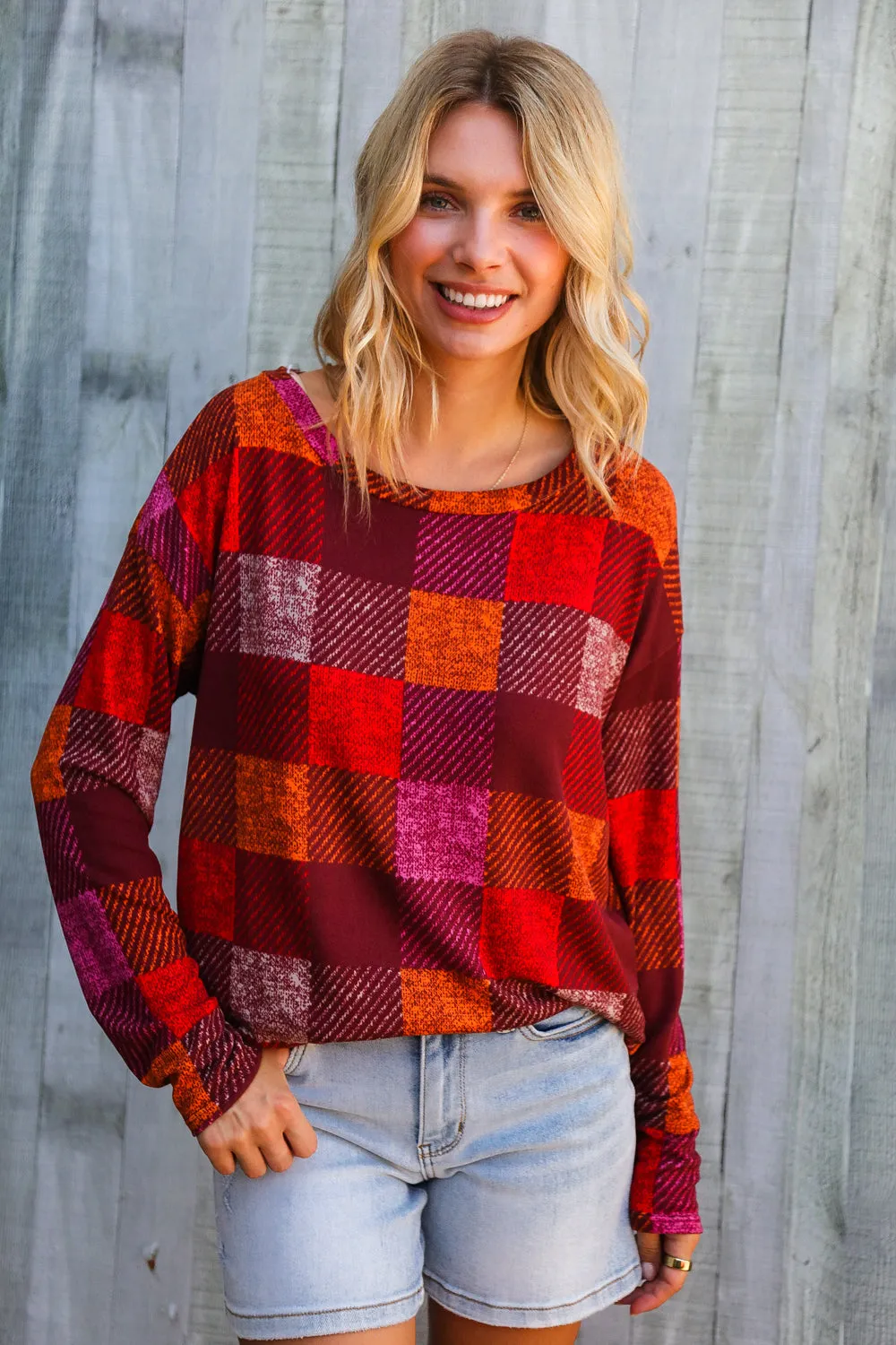 Autumn Embers Checker Plaid Long Sleeve Top sold by Charming Charlie