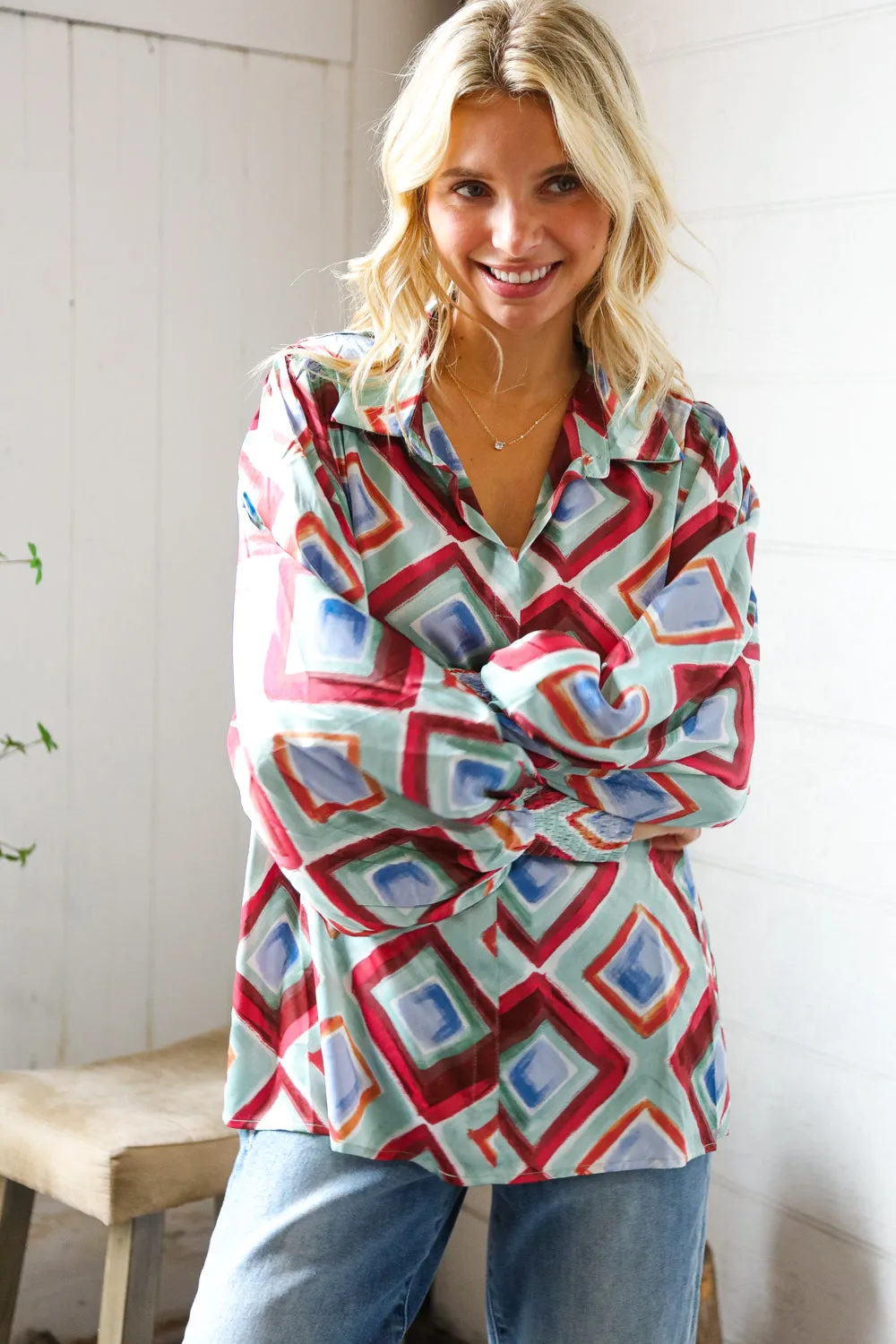 Mint To Be V Neck Bubble Sleeve Silky Collared Blouse sold by Charming Charlie product image thumbnail 5