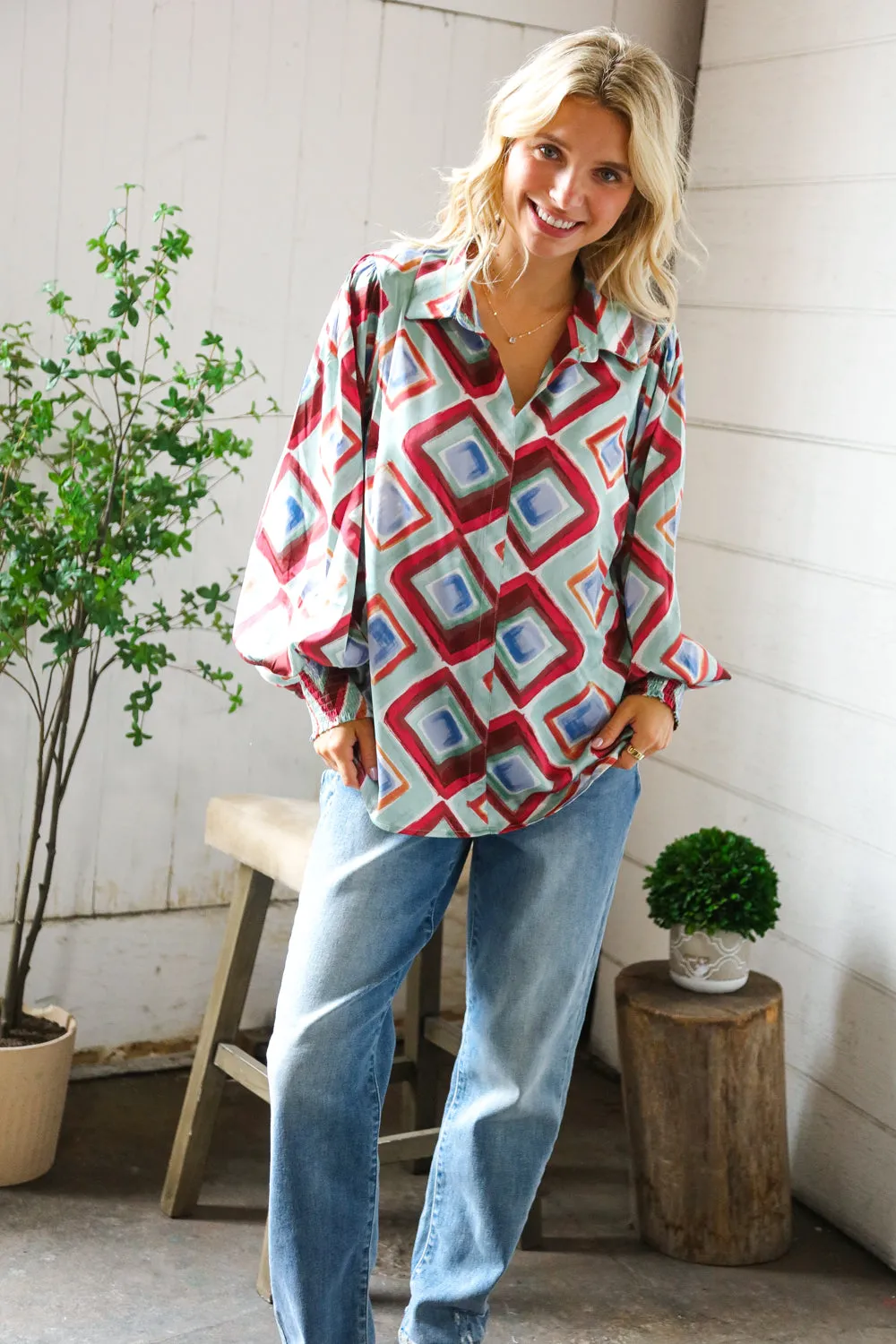 Mint To Be V Neck Bubble Sleeve Silky Collared Blouse sold by Charming Charlie product image thumbnail 2