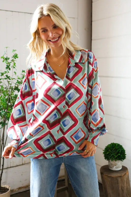 Mint To Be V Neck Bubble Sleeve Silky Collared Blouse sold by Charming Charlie