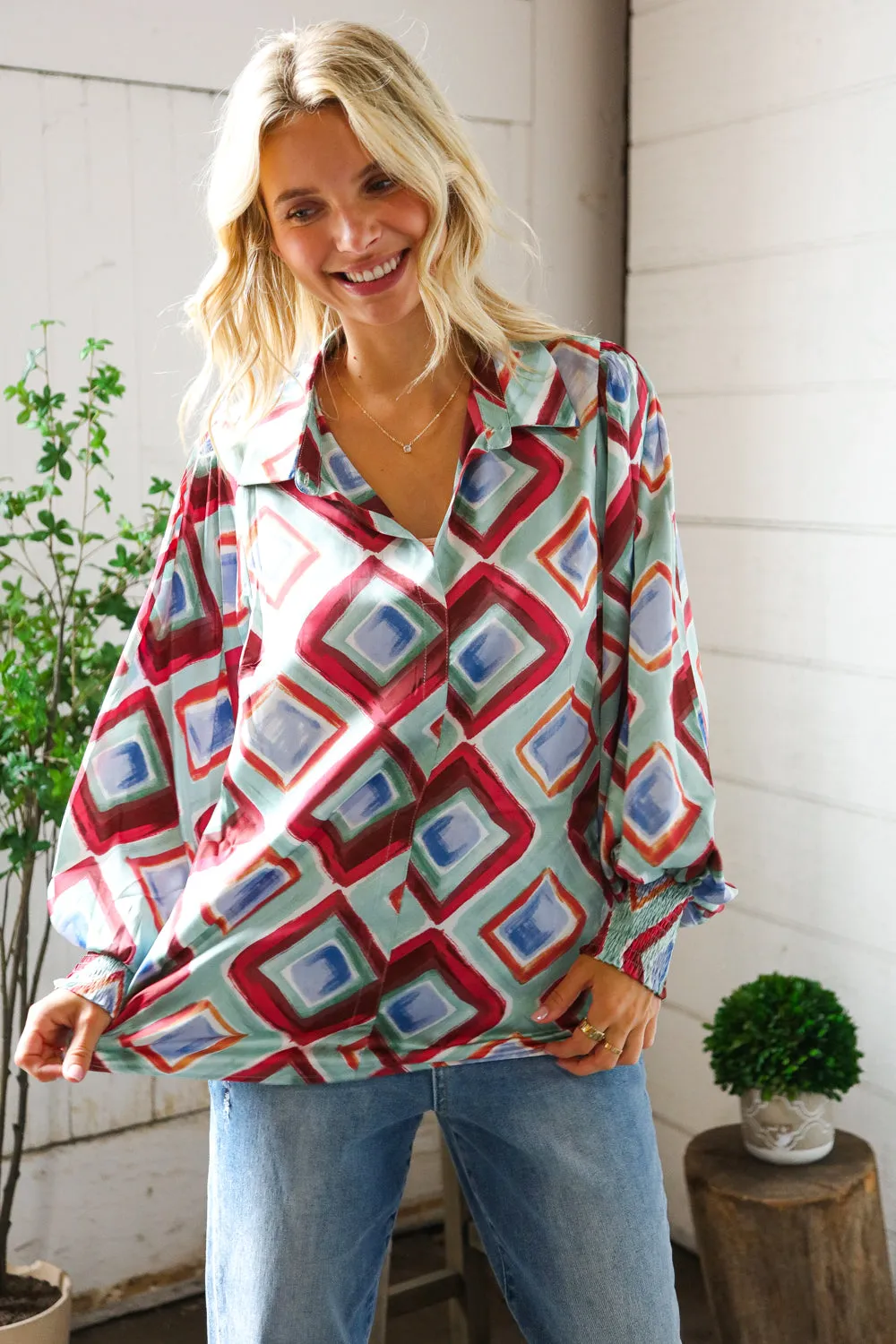 Mint To Be V Neck Bubble Sleeve Silky Collared Blouse sold by Charming Charlie