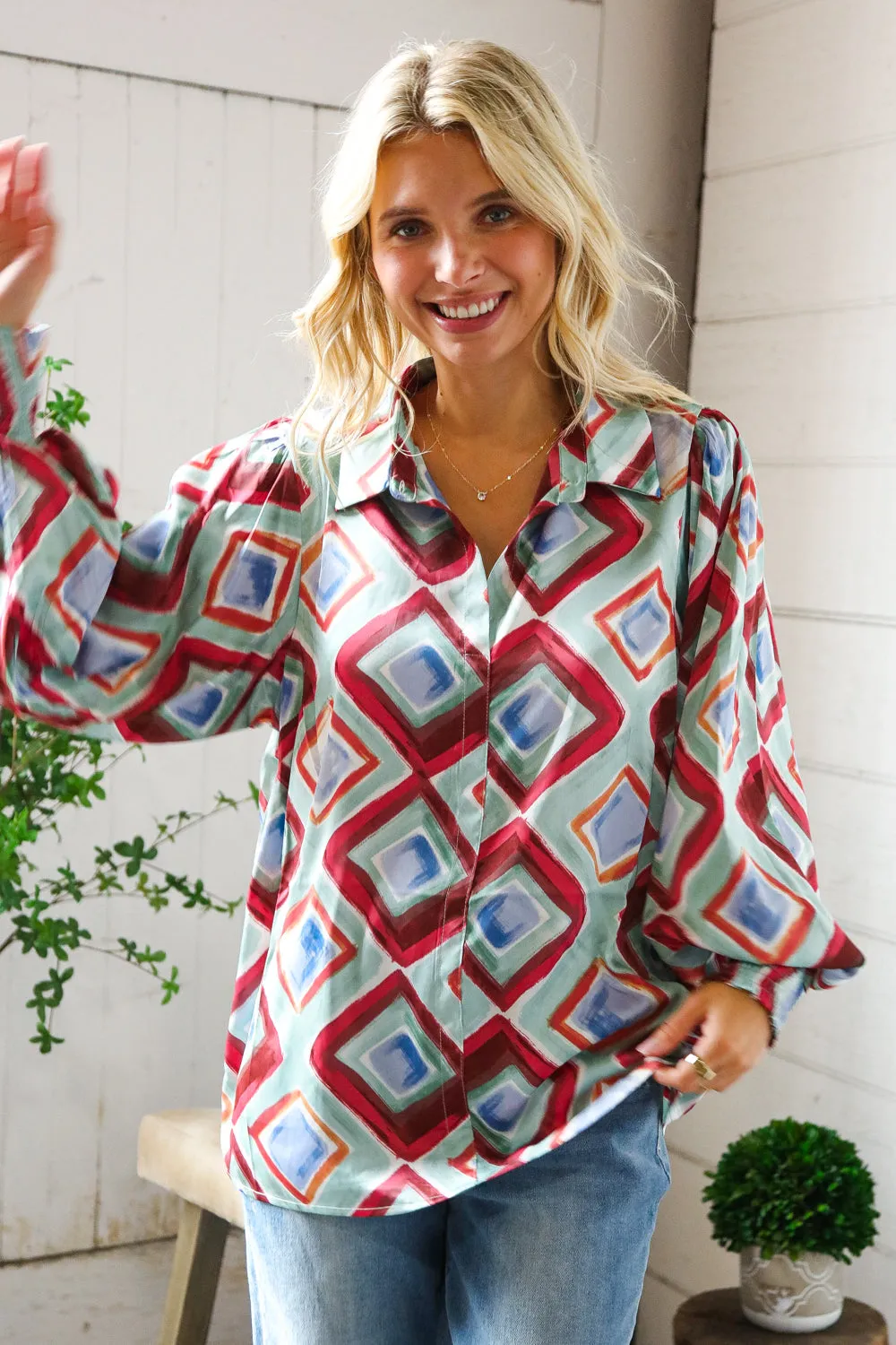 Mint To Be V Neck Bubble Sleeve Silky Collared Blouse sold by Charming Charlie product image thumbnail 4