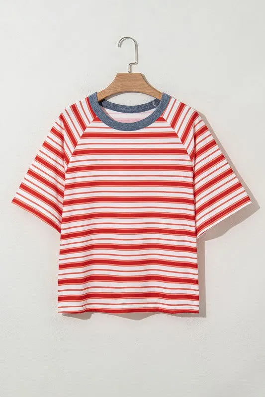 Red Striped Raglan Sleeve Contrast Neck T-Shirt sold by Charming Charlie product image thumbnail 4