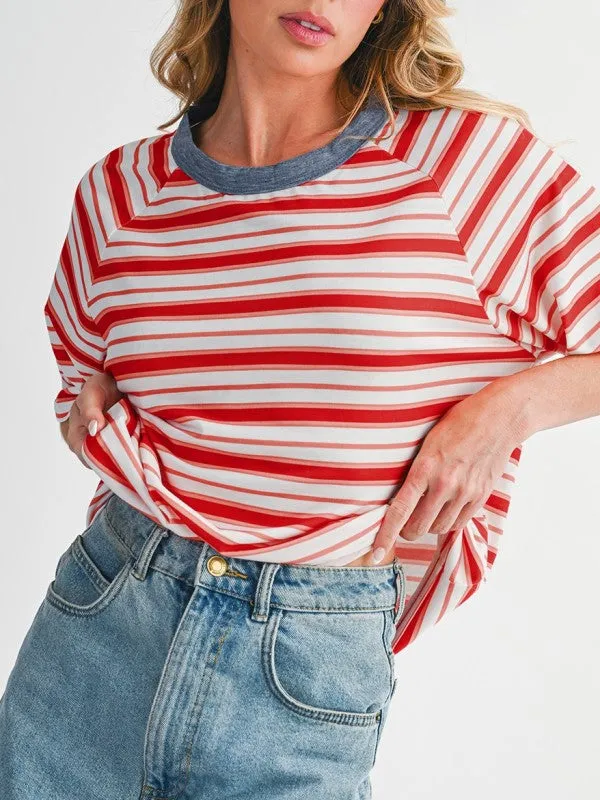 Red Striped Raglan Sleeve Contrast Neck T-Shirt sold by Charming Charlie product image thumbnail 5