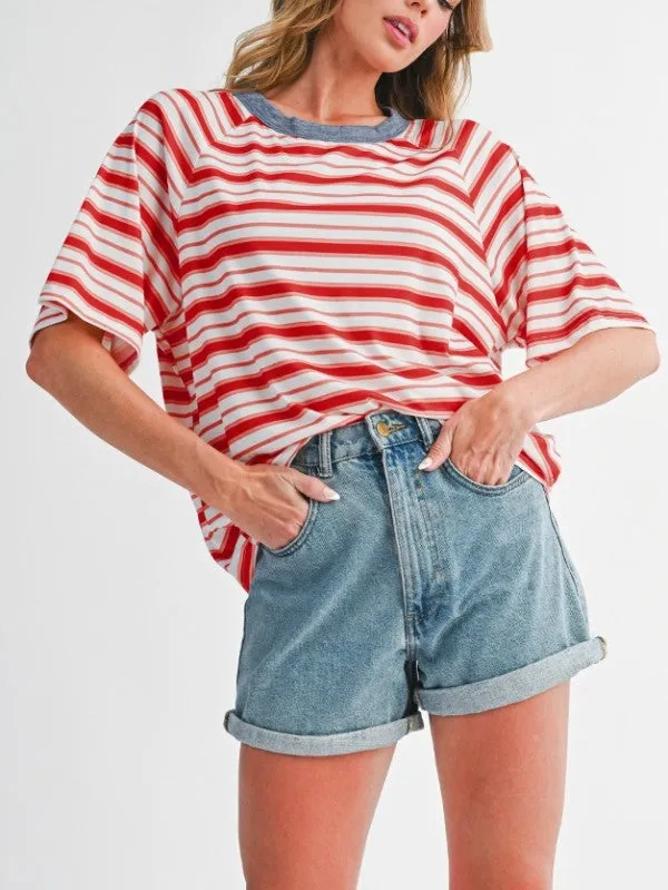 Red Striped Raglan Sleeve Contrast Neck T-Shirt sold by Charming Charlie product image thumbnail 2