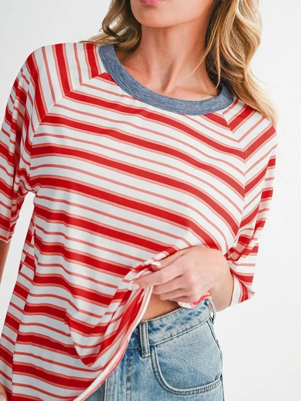 Red Striped Raglan Sleeve Contrast Neck T-Shirt sold by Charming Charlie