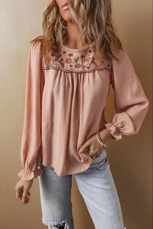 Embroidered Textured Flounce Sleeve Elegant Blouse sold by Charming Charlie