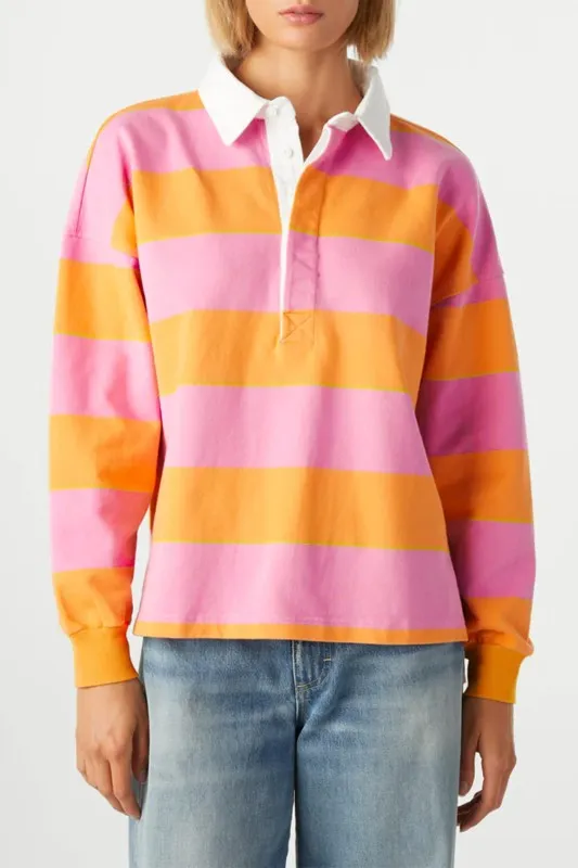 Yellow Stripe Color Block Polo Collar Sweatshirt sold by Charming Charlie