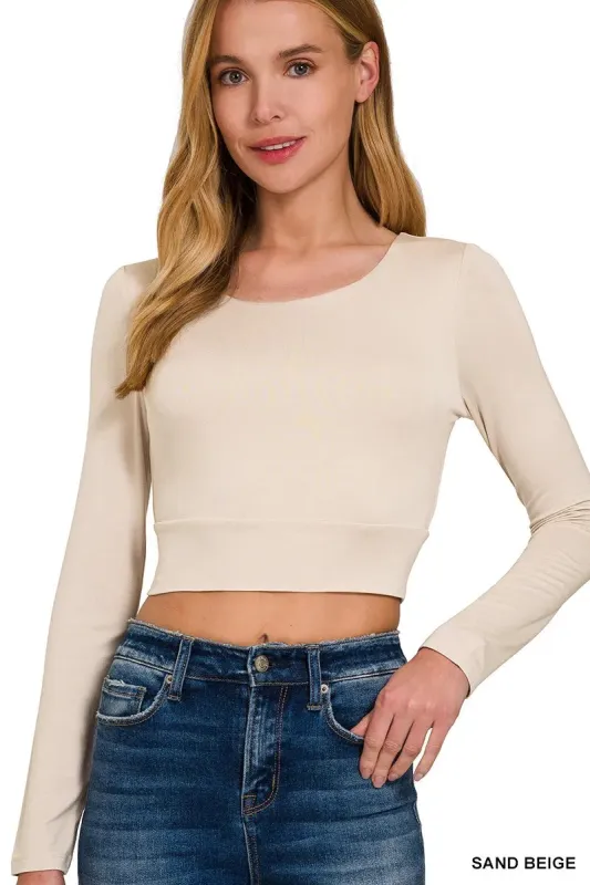 Zenana Double Layered Long Sleeve Cropped Round Neck T-Shirt sold by Charming Charlie