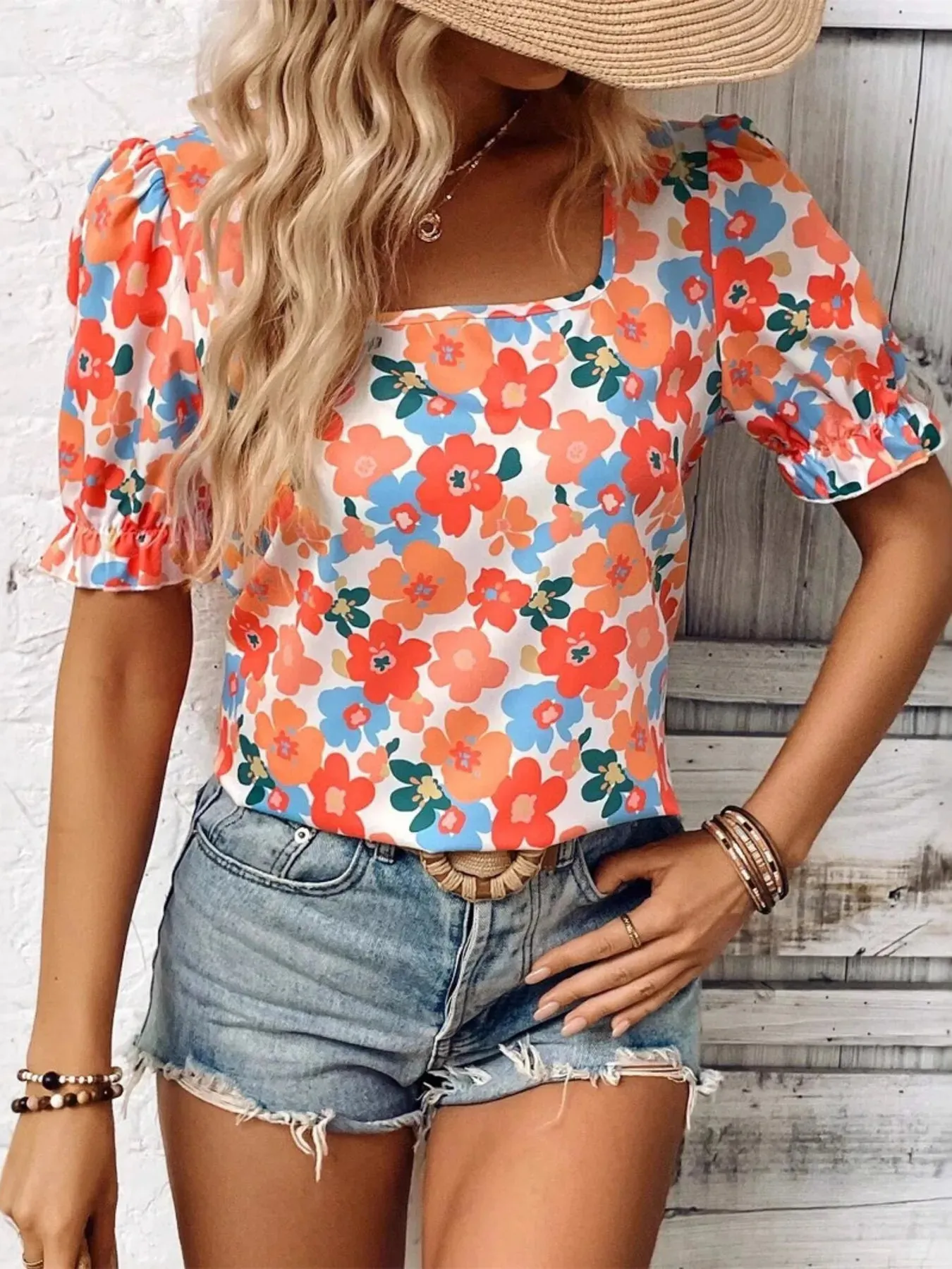 Floral Print Square Neck Puff Sleeve Blouse sold by Charming Charlie product image thumbnail 2