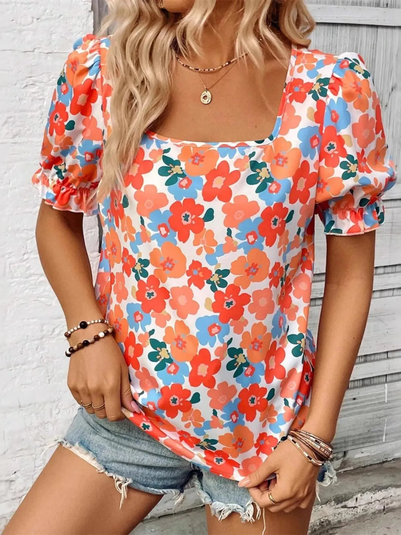 Floral Print Square Neck Puff Sleeve Blouse sold by Charming Charlie product image thumbnail 4