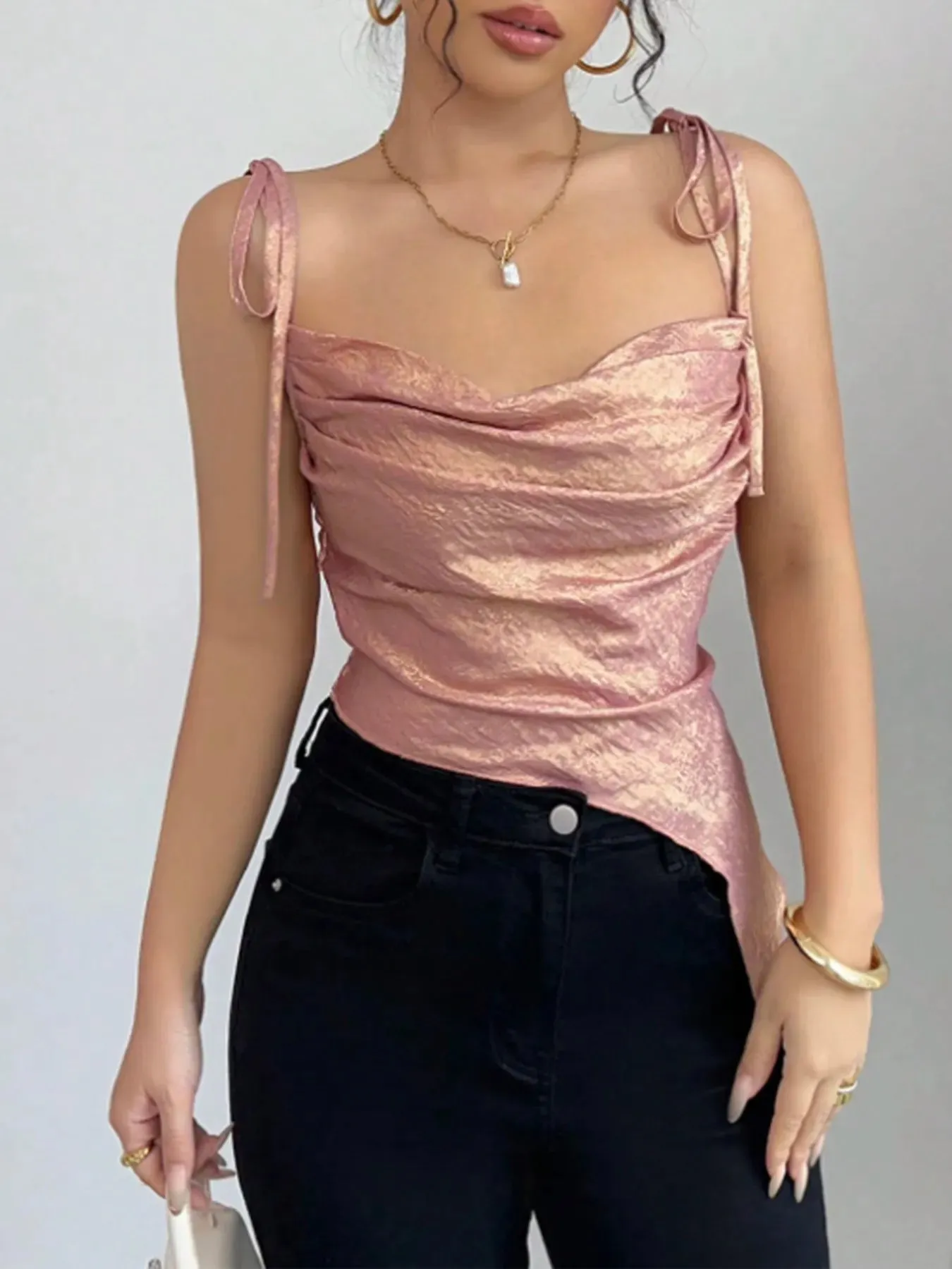 Tie Shoulder Cami Top with Ruched Detail sold by Charming Charlie