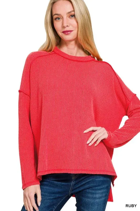 Zenana Full Size Exposed Seam Long Sleeve Corded Rib Knit Top Plus Size sold by Charming Charlie