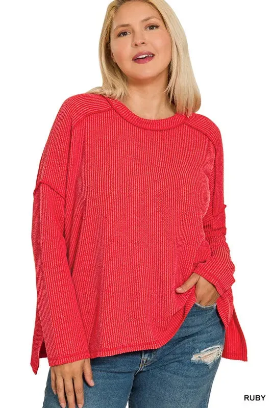 Zenana Full Size Exposed Seam Long Sleeve Corded Rib Knit Top Plus Size sold by Charming Charlie product image thumbnail 2