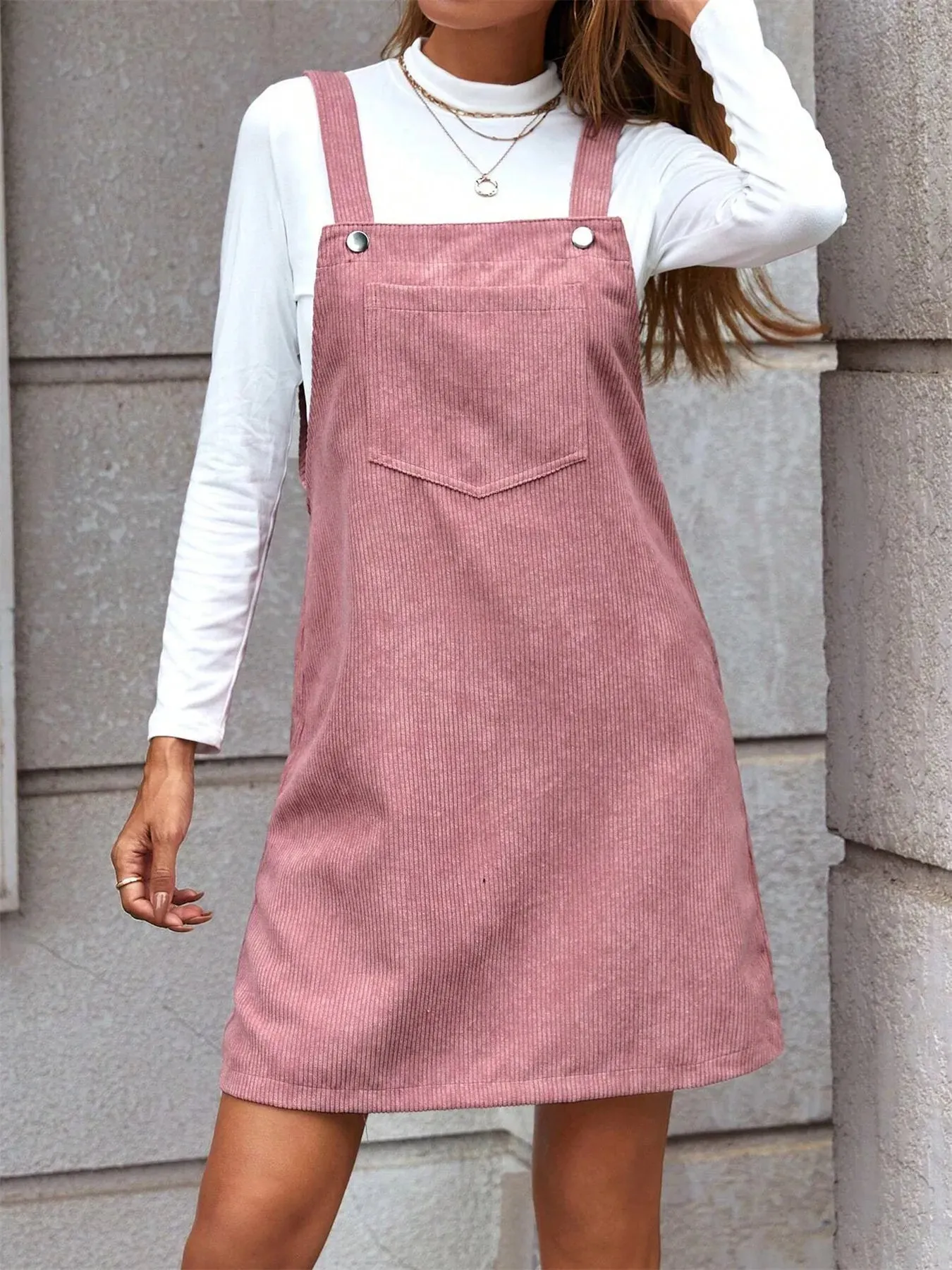 Corduroy Overall Mini Dress with Pocket sold by Charming Charlie