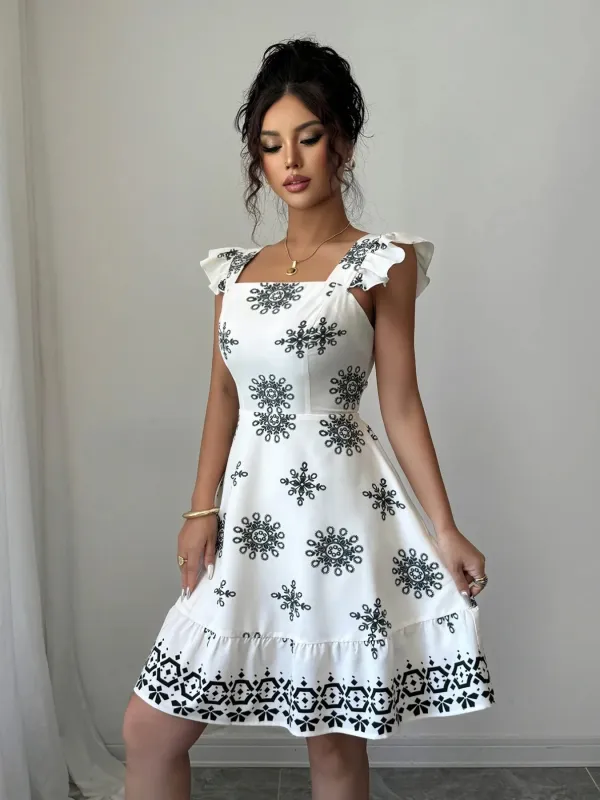Printed Ruffled Cap Sleeve Dress sold by Charming Charlie