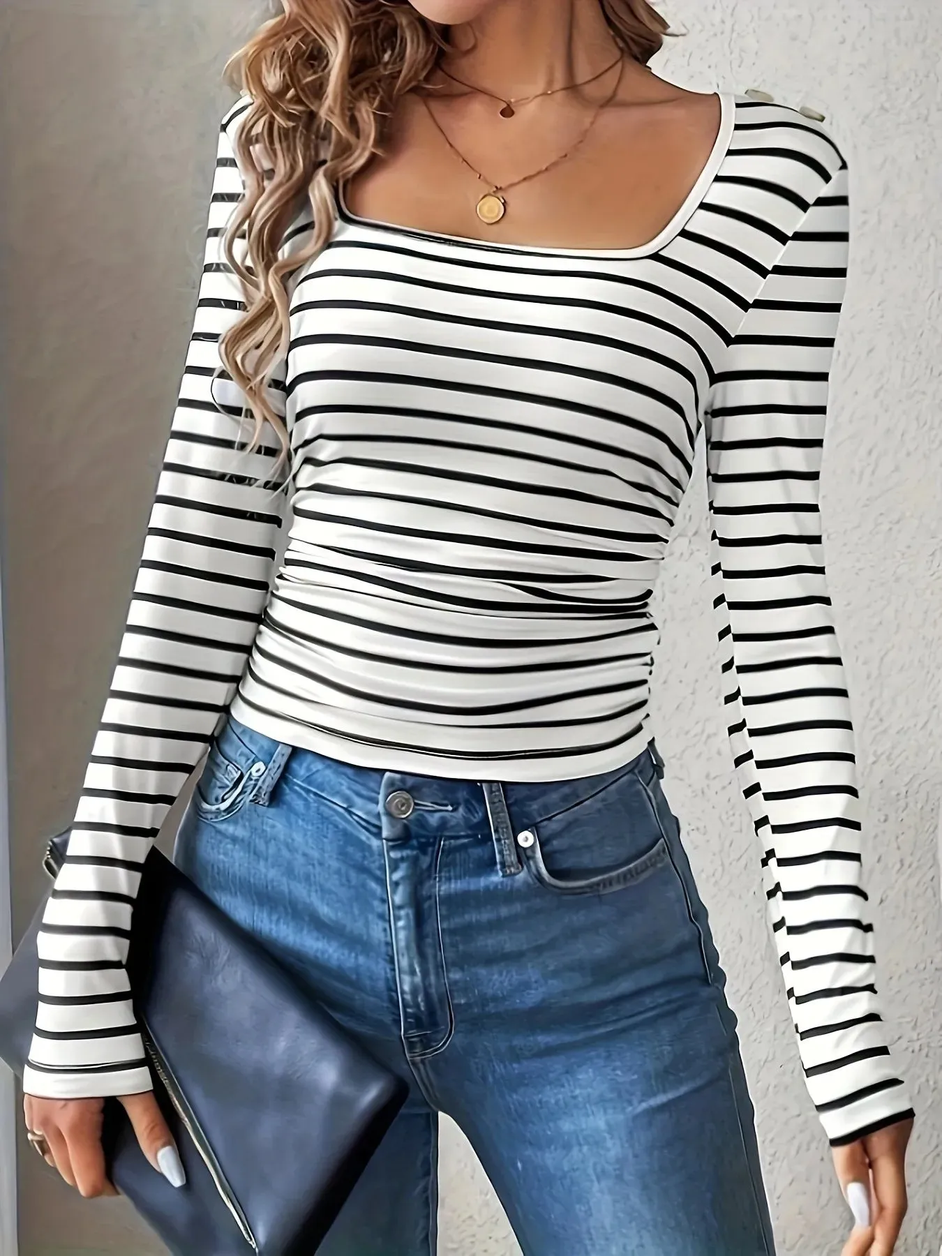 Striped Square Neck Long Sleeve T-Shirt sold by Charming Charlie