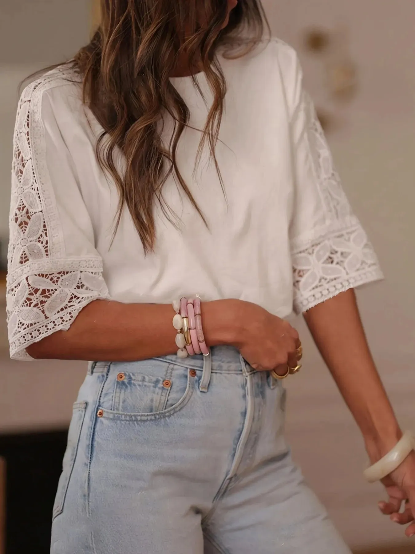 Lace Trim Round Neck Casual Blouse sold by Charming Charlie