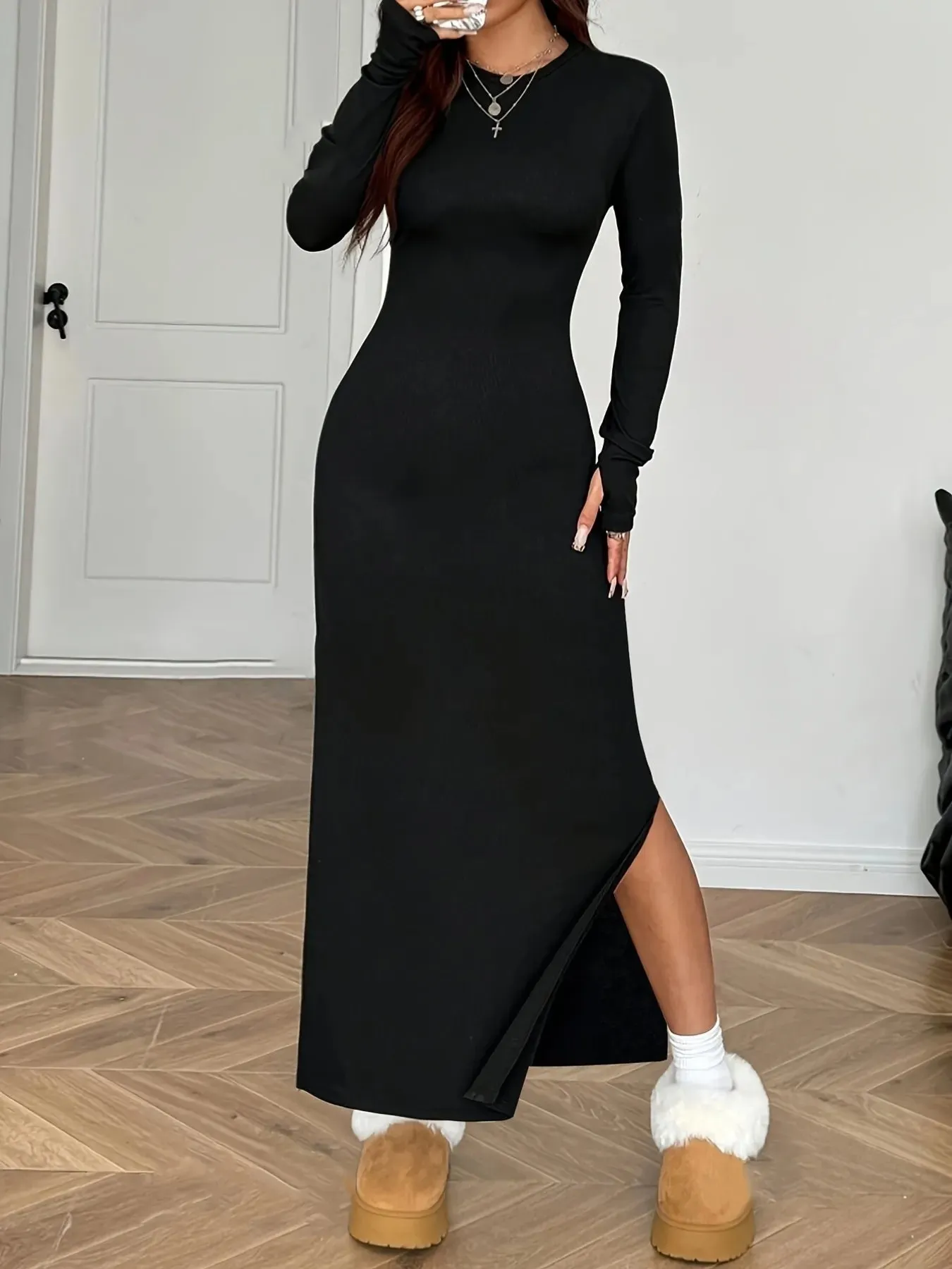 Slit Round Neck Long Sleeve Maxi Dress sold by Charming Charlie product image thumbnail 2