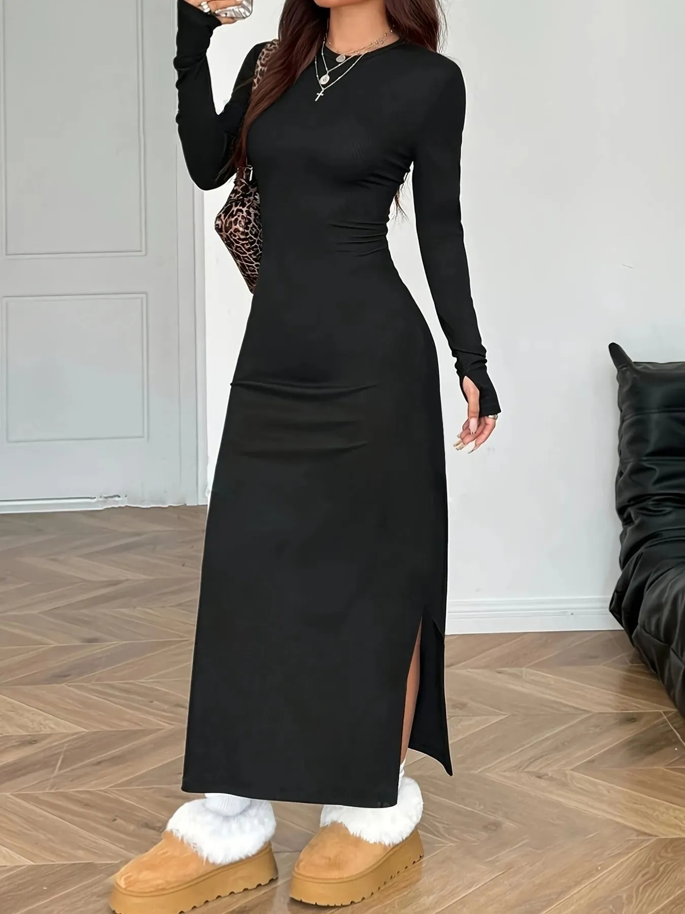 Slit Round Neck Long Sleeve Maxi Dress sold by Charming Charlie