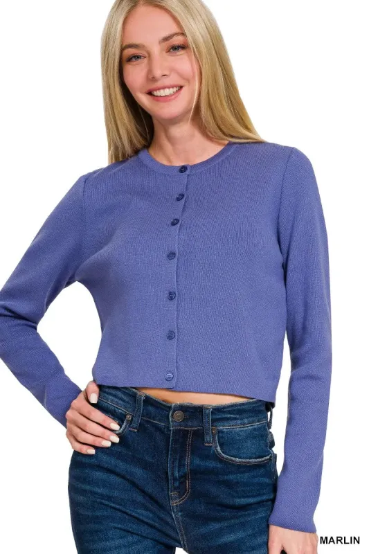 Zenana Button-Front Crewneck Long Sleeve Cropped Cardigan sold by Charming Charlie