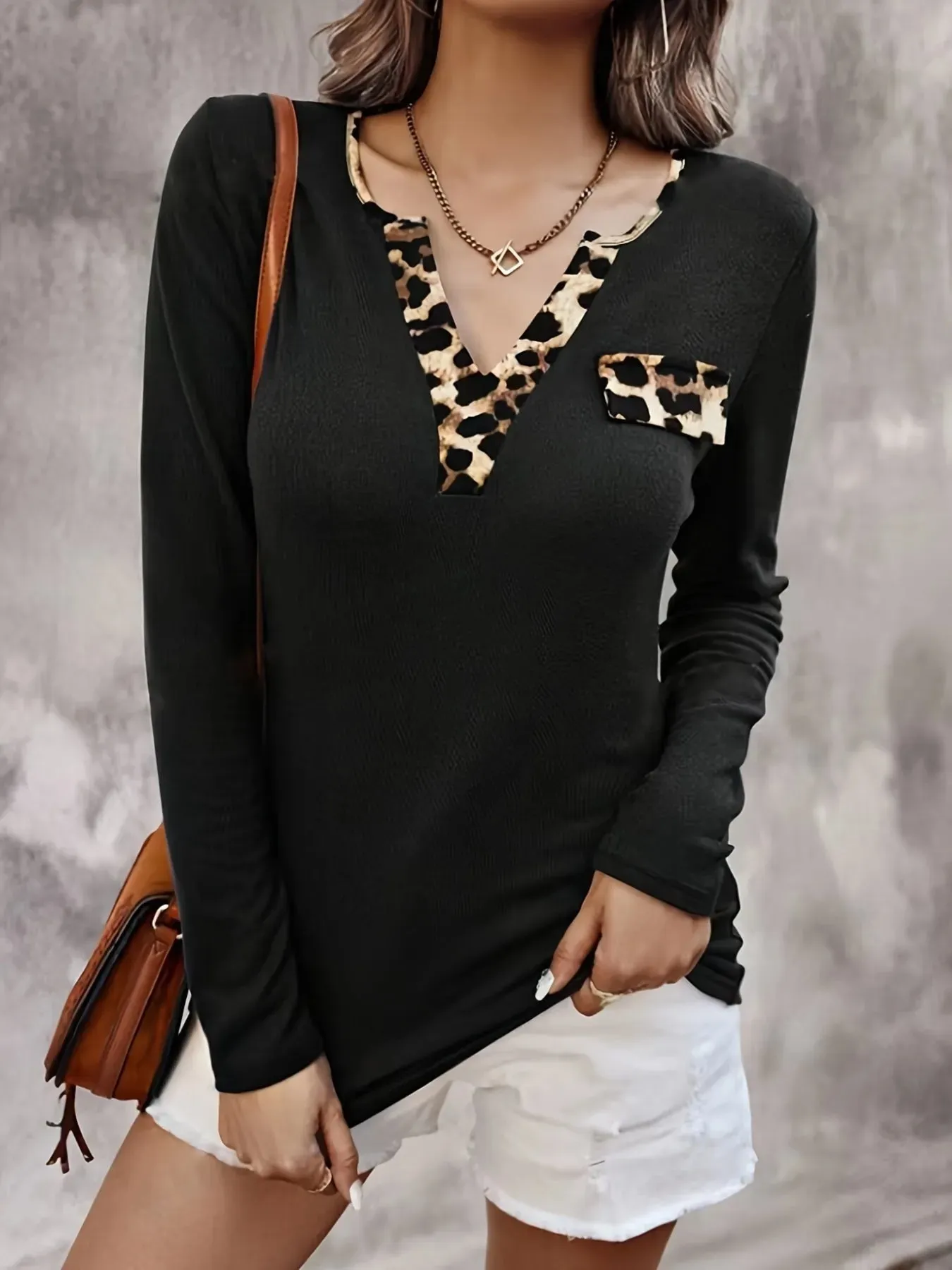 Leopard Trim Long Sleeve T-Shirt sold by Charming Charlie product image thumbnail 3