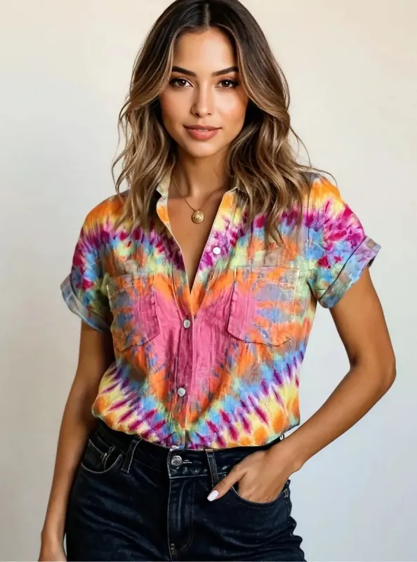 Tie-Dye Short Sleeve Button-Up Shirt sold by Charming Charlie