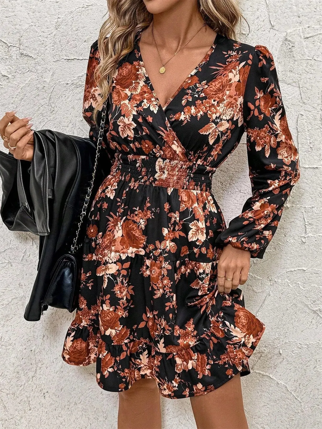 Floral Print Long Sleeve Dress with Ruffle Hem sold by Charming Charlie