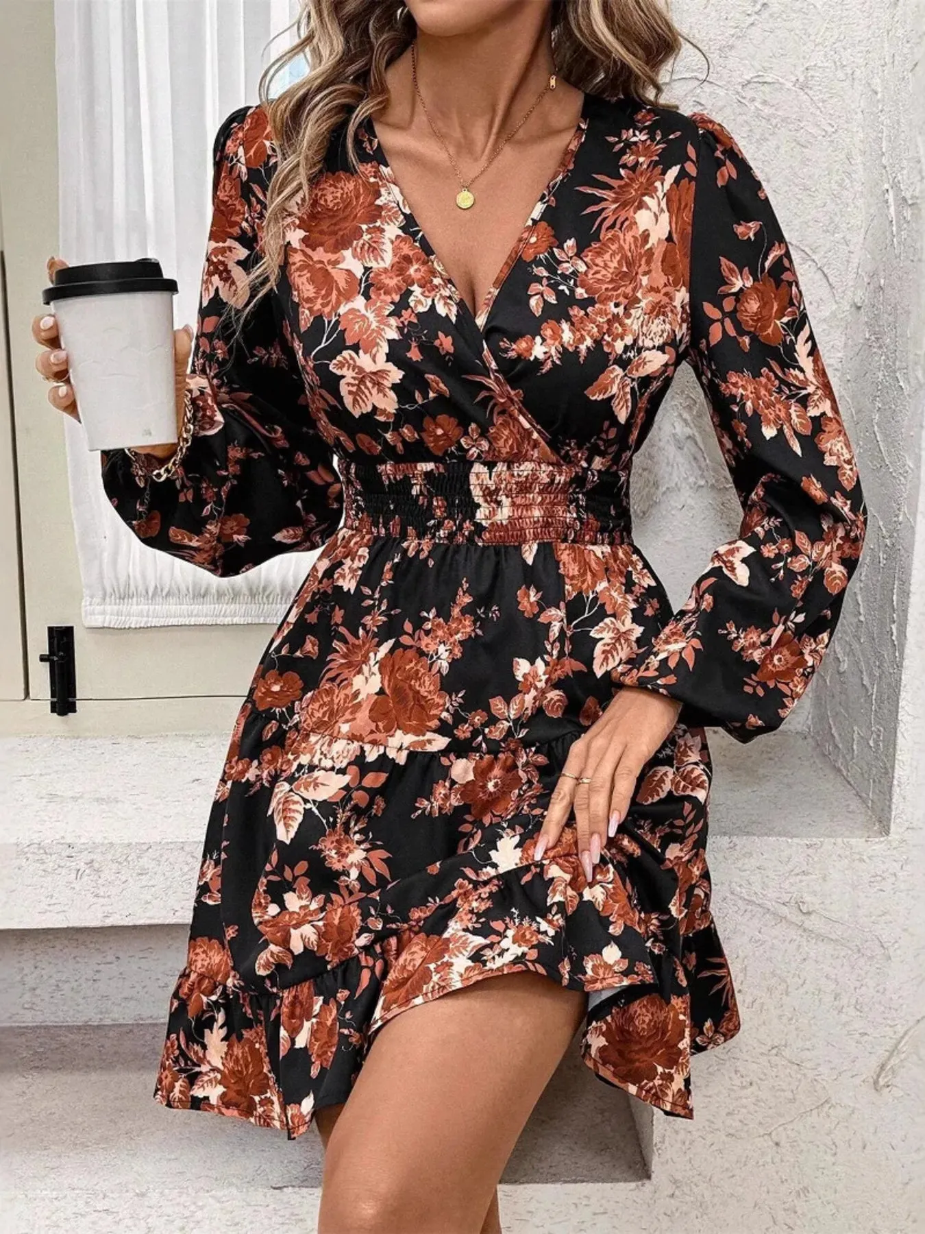 Floral Print Long Sleeve Dress with Ruffle Hem sold by Charming Charlie product image thumbnail 5