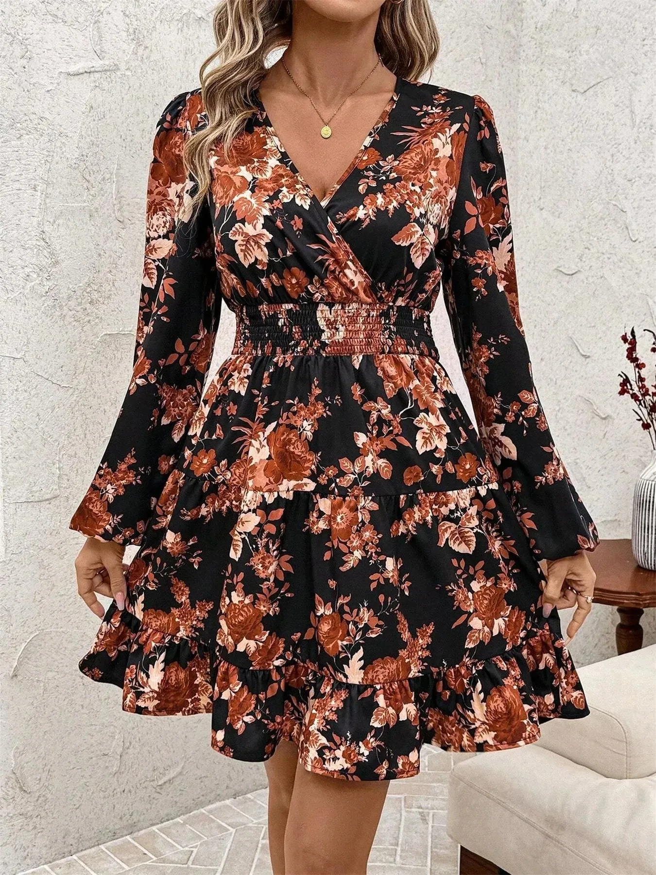Floral Print Long Sleeve Dress with Ruffle Hem sold by Charming Charlie product image thumbnail 4